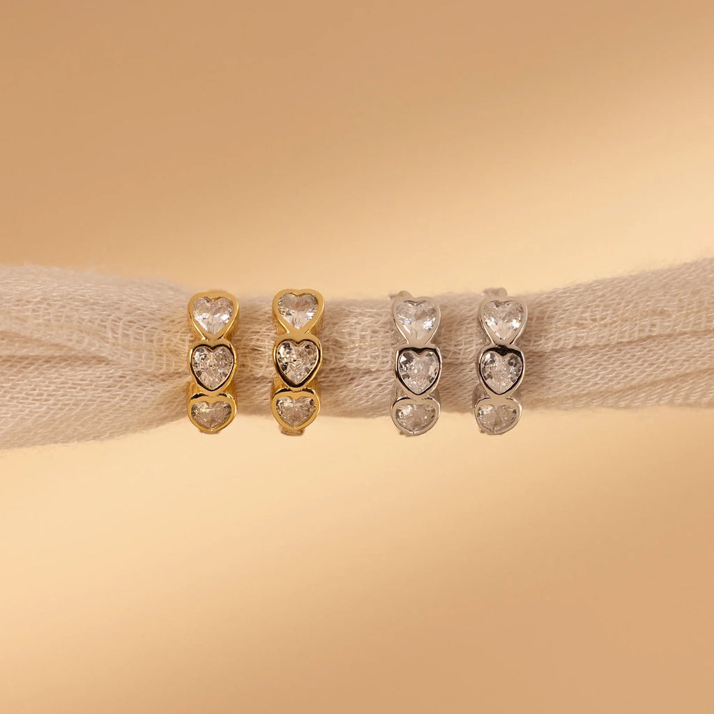 Diamond Bezel Heart Huggies  Silver 18K Gold Plated