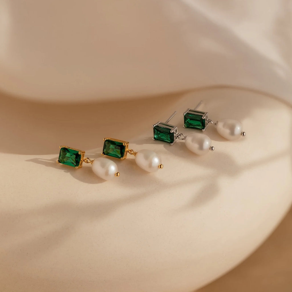 Emerald Pearl Drop Earrings Silver 18K Gold Plated