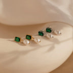 Emerald Pearl Drop Earrings Silver 18K Gold Plated