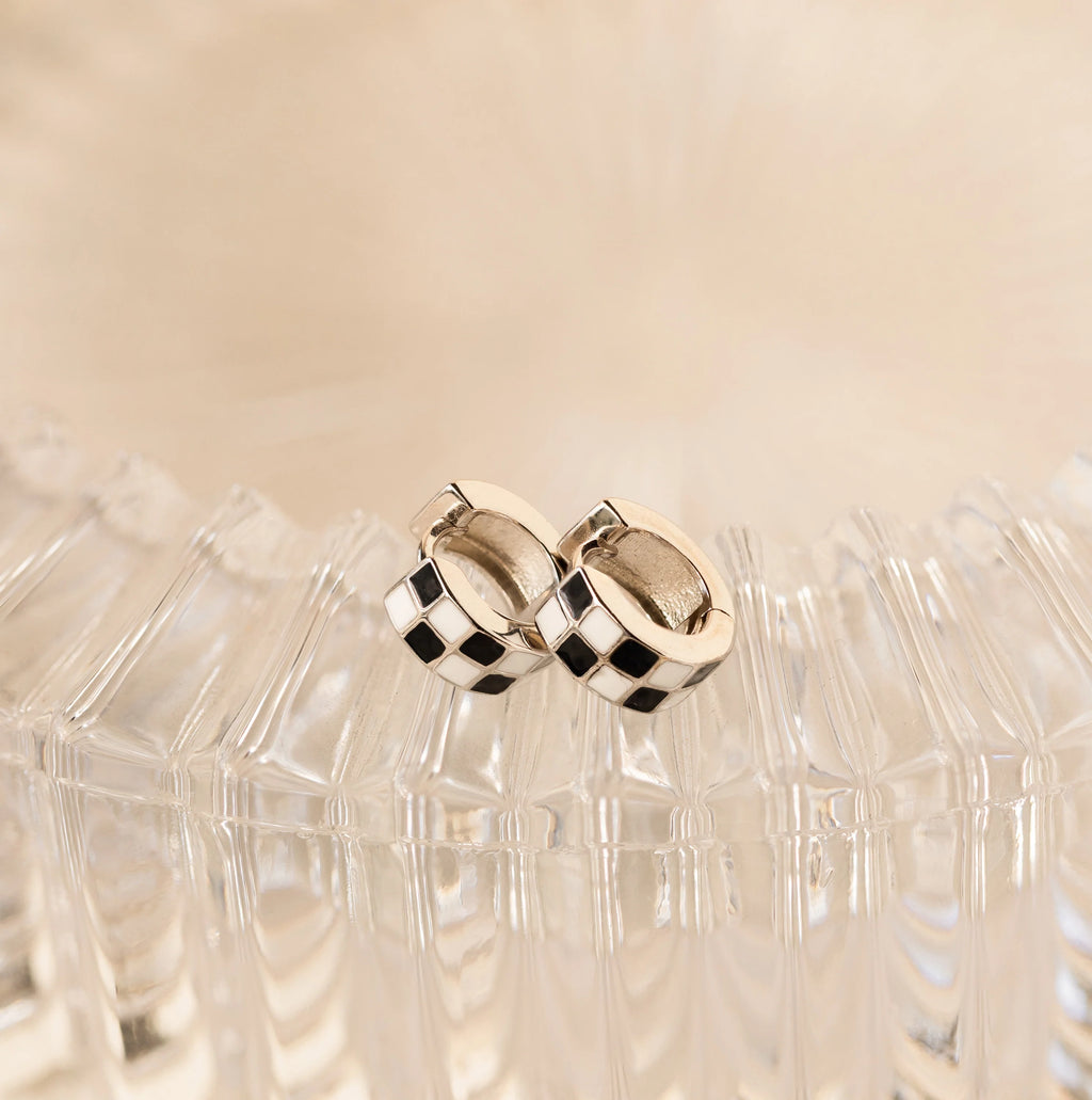 Checkered Huggies Silver 18K Gold Plated