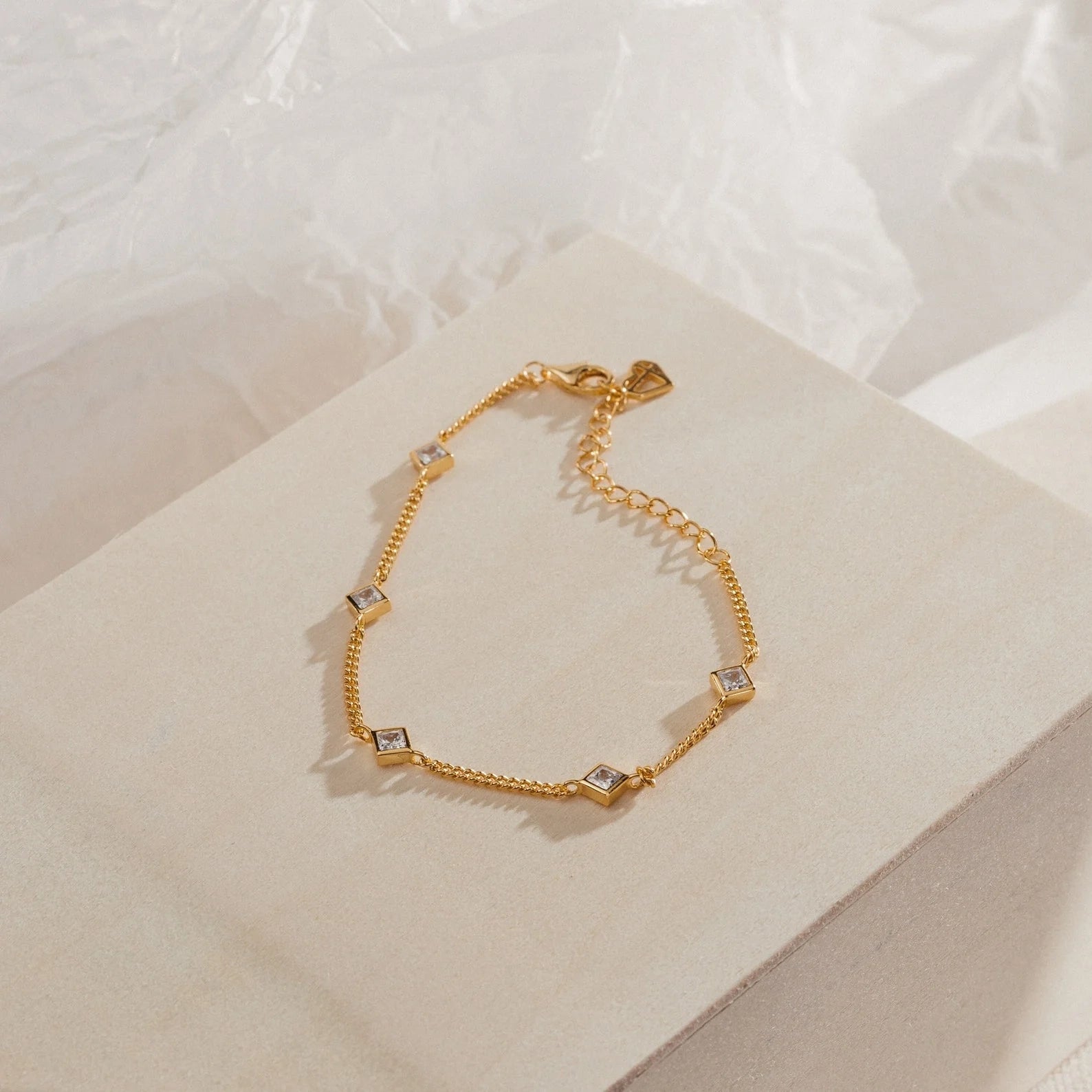 Diamond Station Bracelet Ring Silver 18K Gold Plated