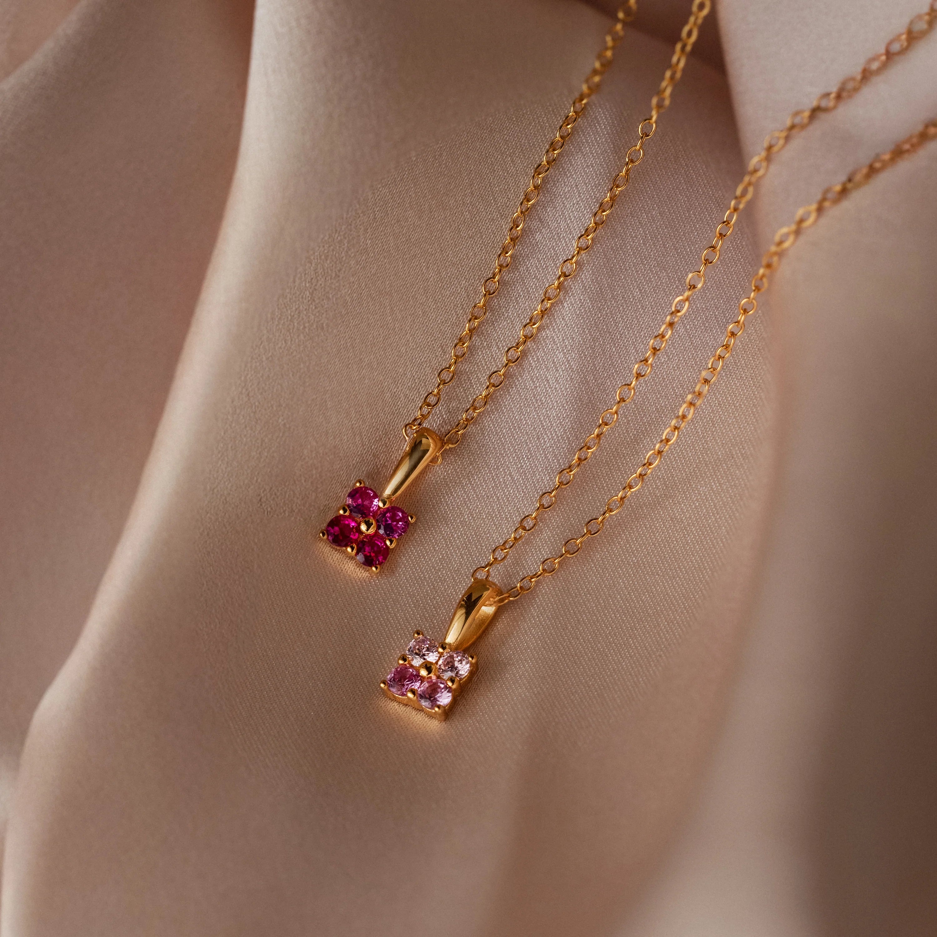 Ombre Garnet Flower Charm Necklace Silver 18K Gold Plated