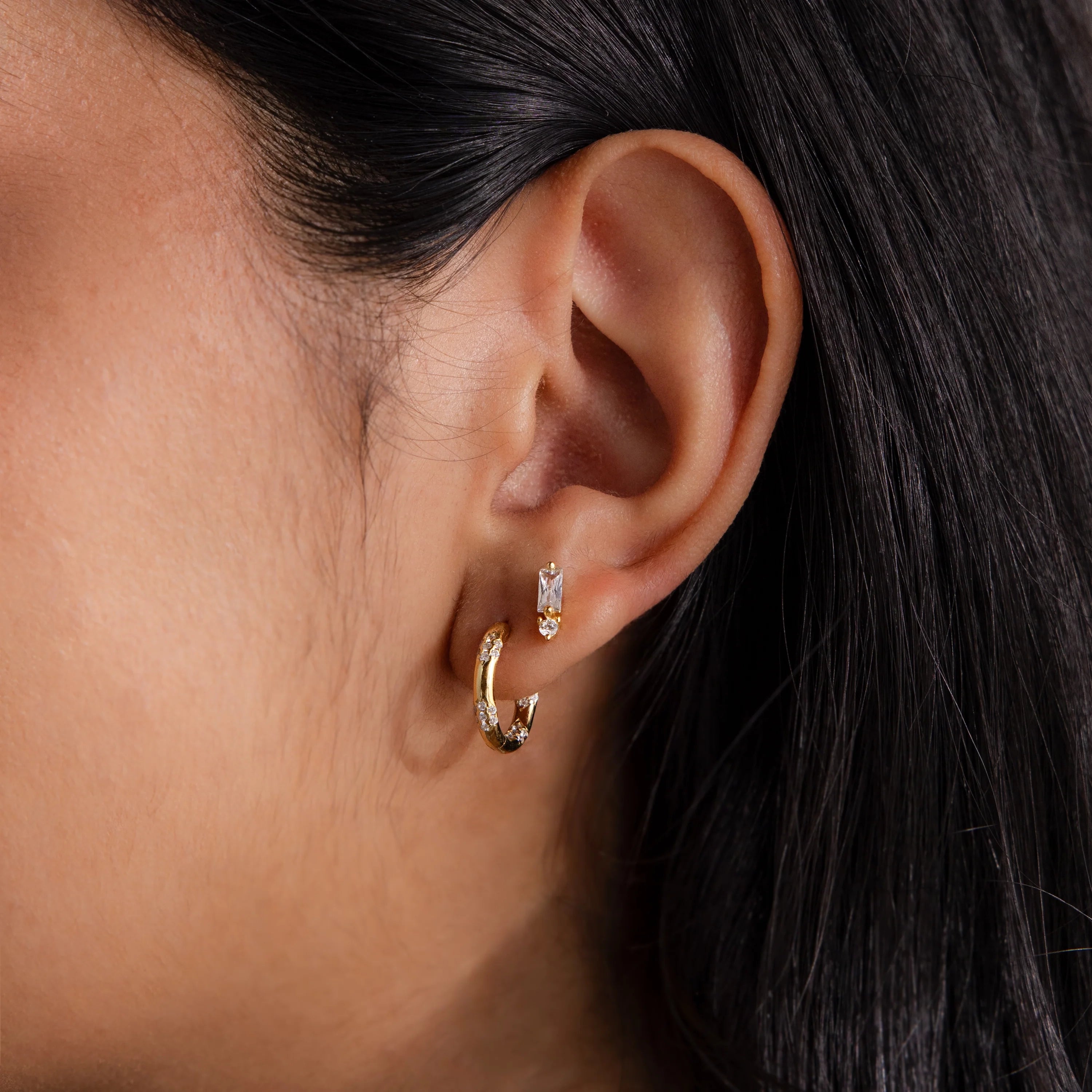 Diamond Baguette Drop Studs Silver 18K Gold Plated