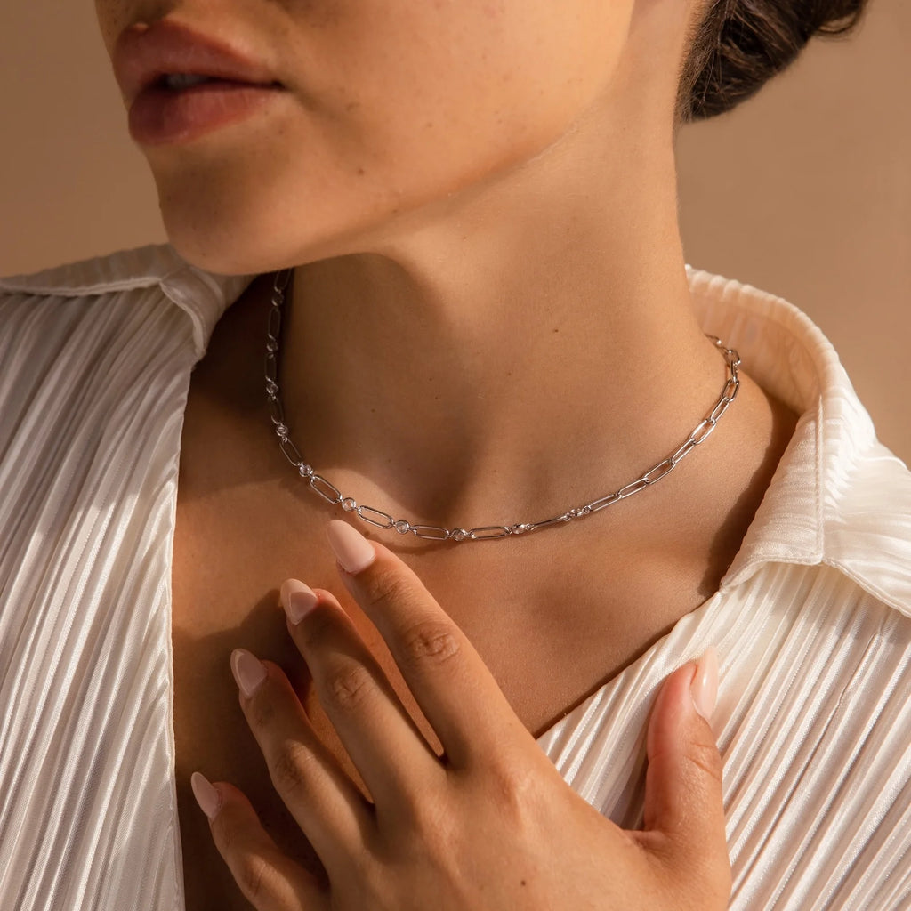 Diamond Paperclip Necklace Silver 18K Gold Plated