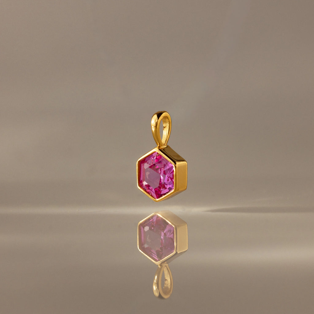 Hexagon Pink Tourmaline Charm Silver 18K Gold Plated
