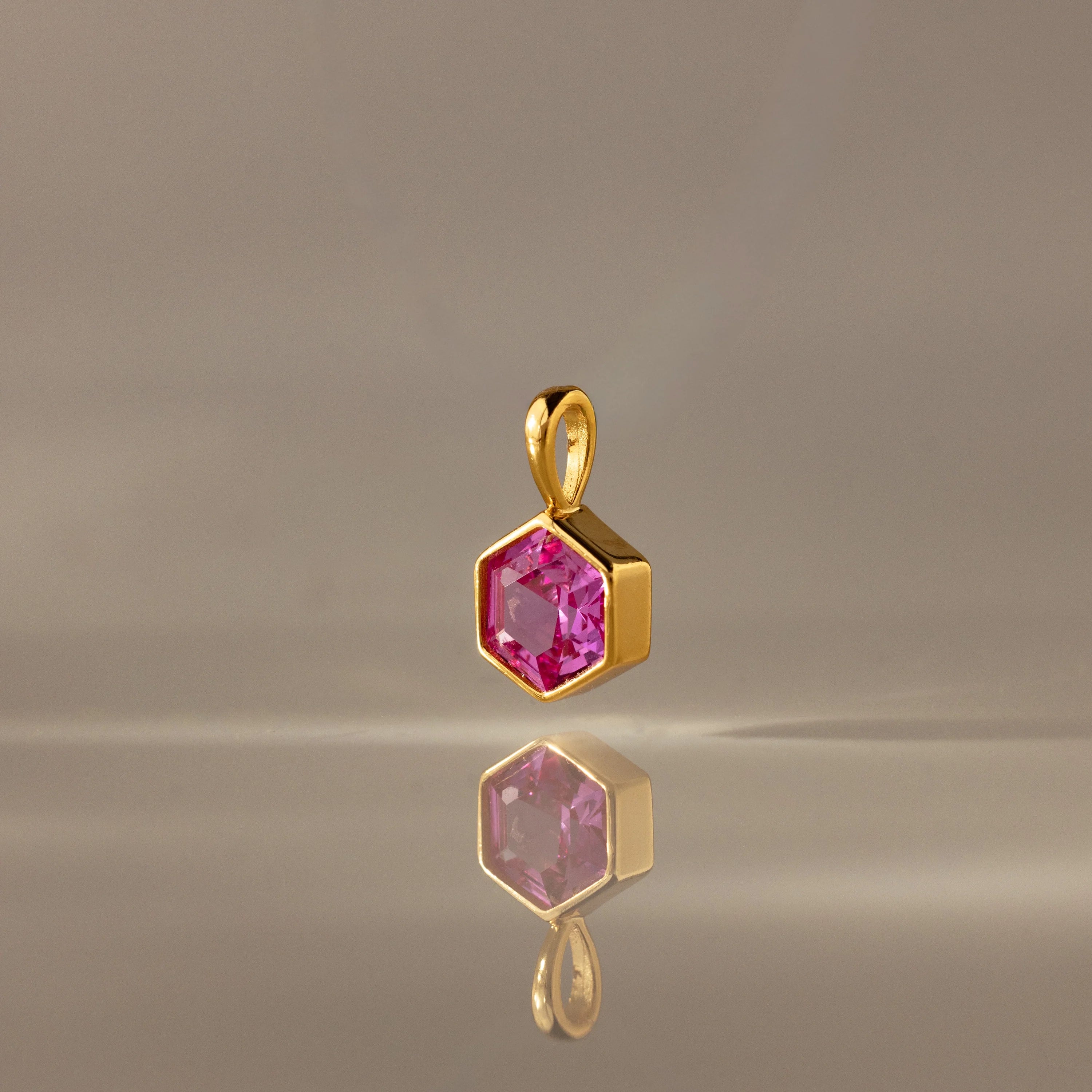 Hexagon Pink Tourmaline Charm Silver 18K Gold Plated