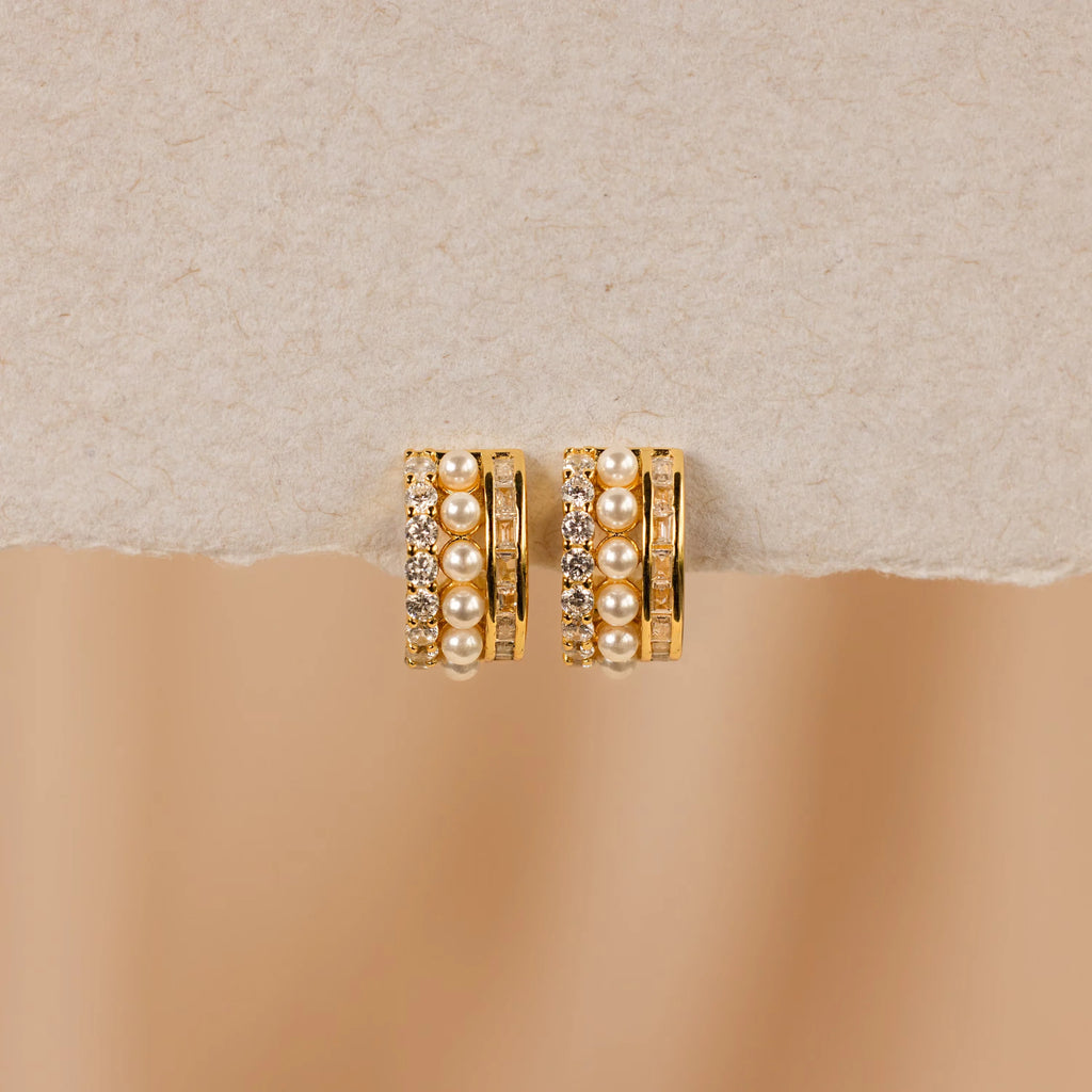 Diamond Pearl Stacked Hoops Silver 18K Gold Plated