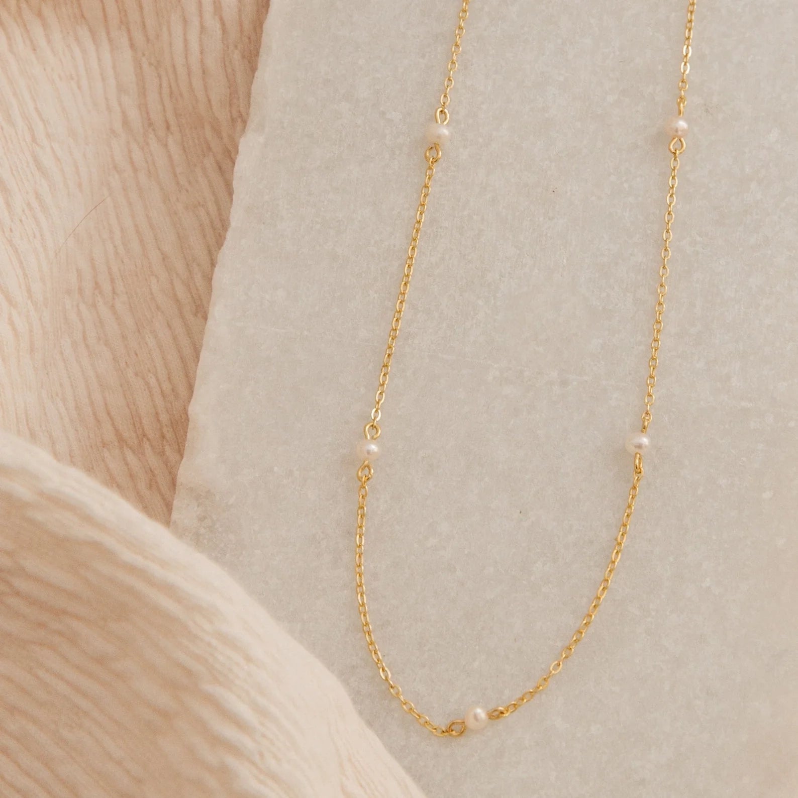 Beaded Pearl Station Necklace Silver 18K Gold Plated
