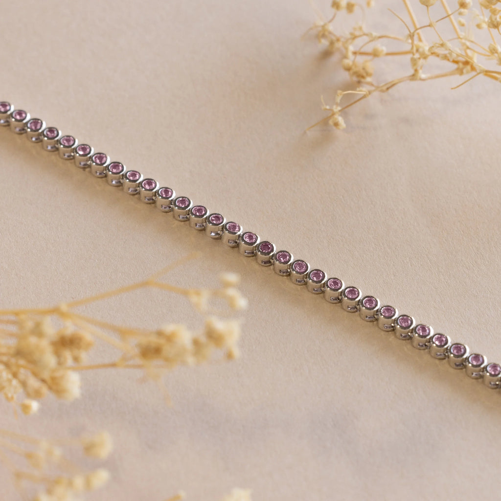 Pink Bezel Tennis Necklace Silver 18K Gold Plated