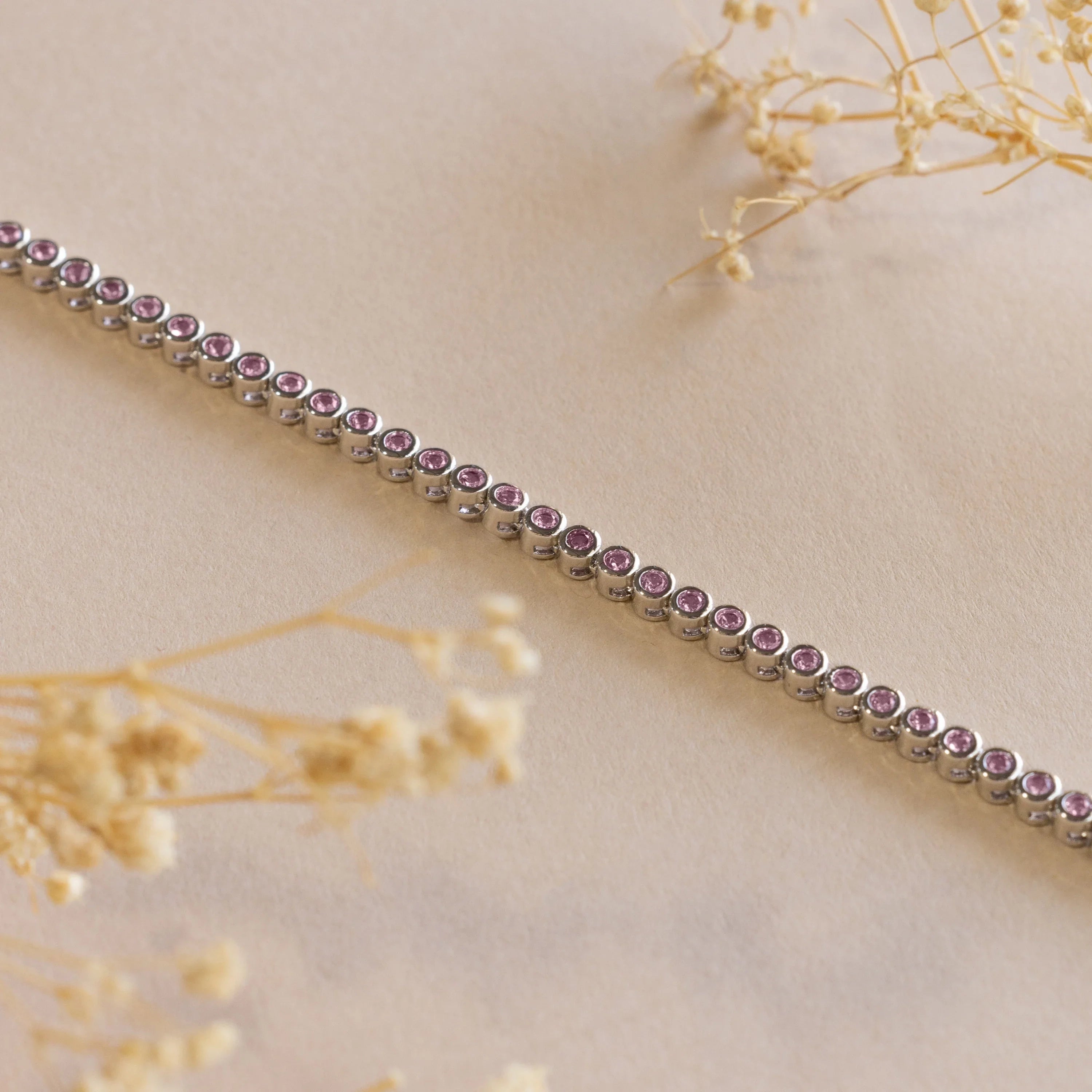 Pink Bezel Tennis Necklace Silver 18K Gold Plated