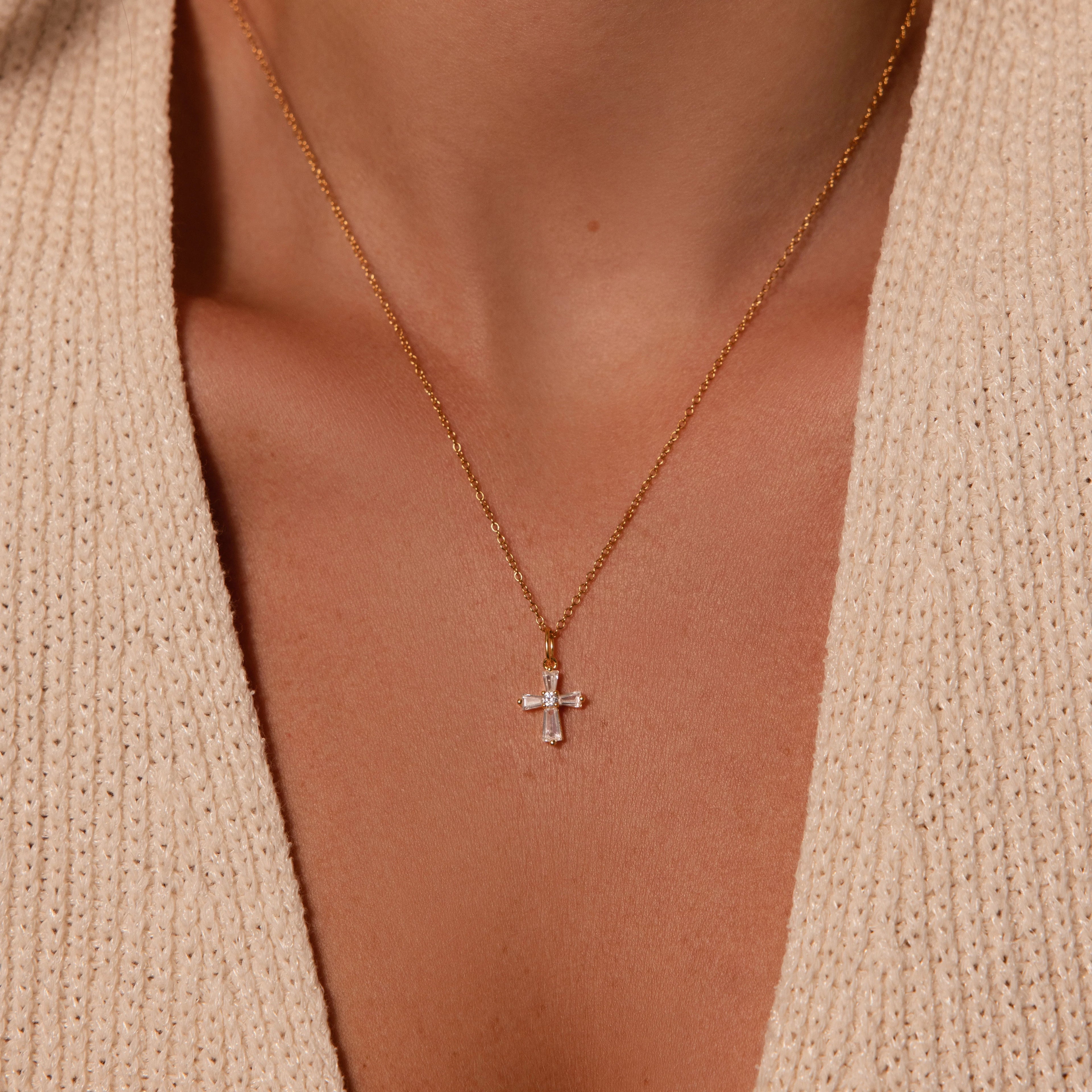 Diamond Pavé Art Deco Cross Necklace Silver 18K Gold Plated