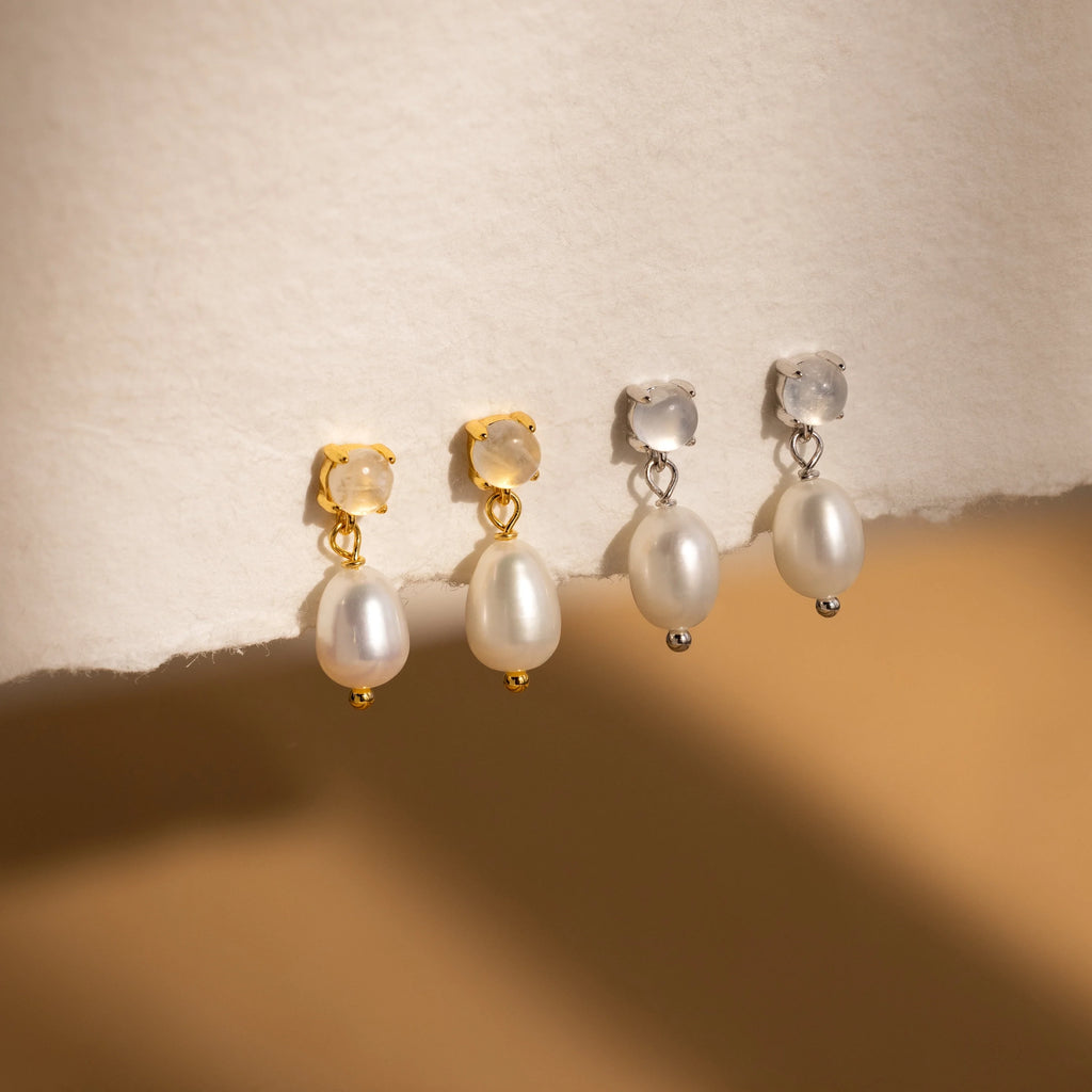 Moonstone Pearl Drop Earrings Silver 18K Gold Plated