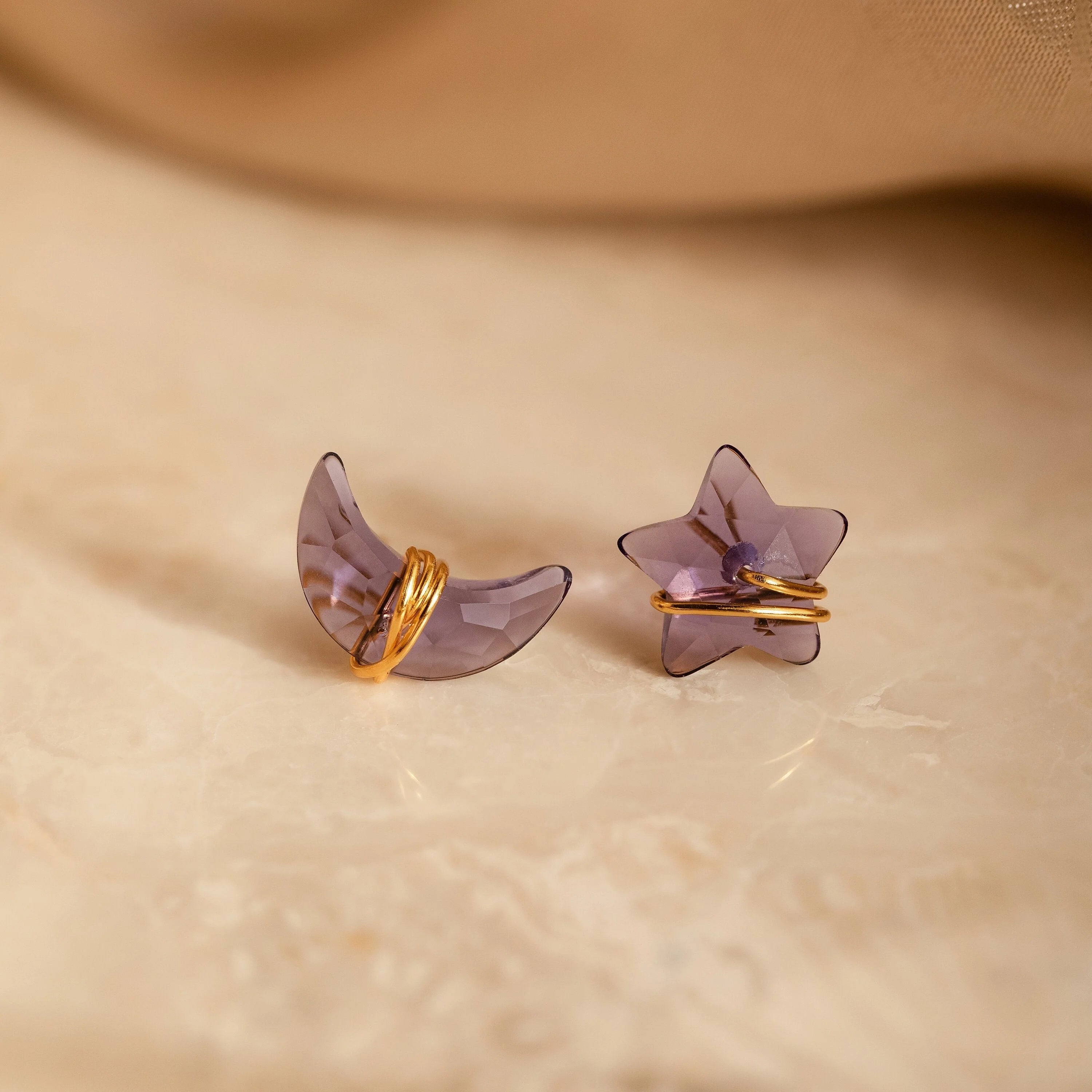Amethyst Moon & Star Studs Silver 18K Gold Plated