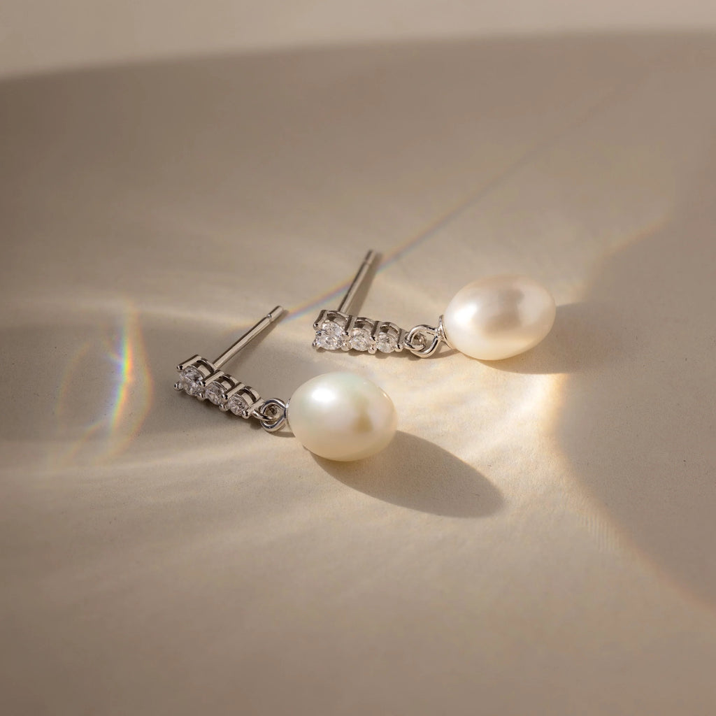 Diamond Freshwater Pearls Earrings Silver 18K Gold Plated