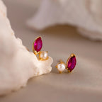 Marquise Ruby & Pearl Studs Silver 18K Gold Plated