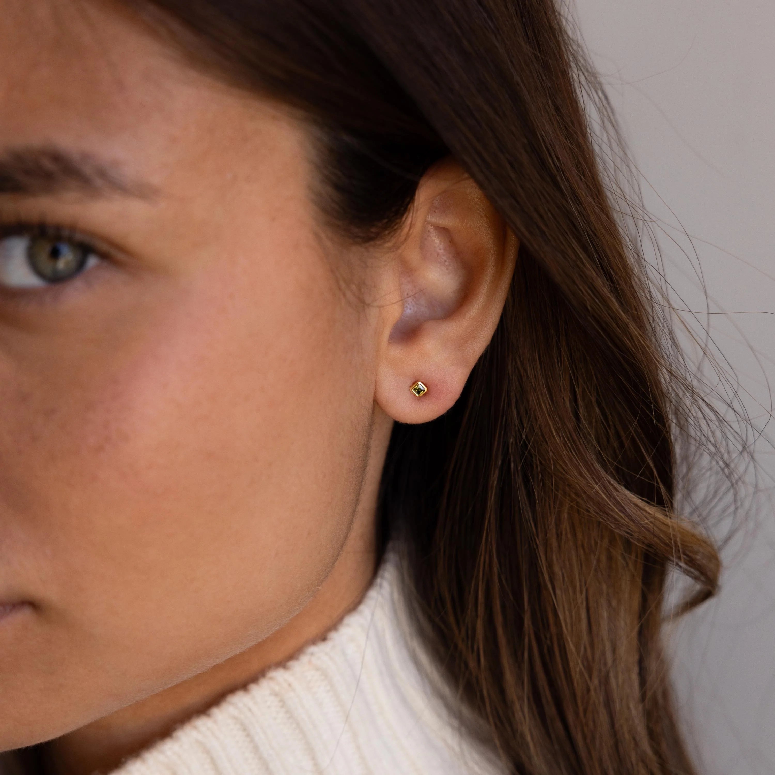 Square Bezel Peridot Flatback Studs Silver 18K Gold Plated