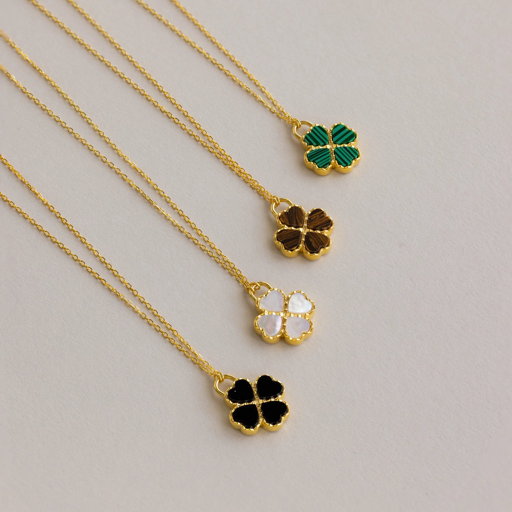 Tiger's Eye Clover Pendant Necklace Silver 18K Gold Plated