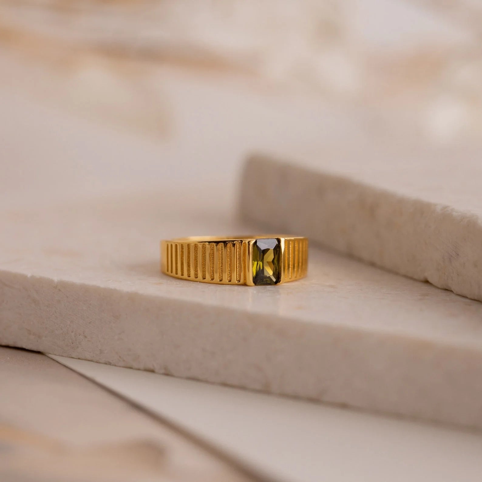 Olive Peridot Signet Ring Silver 18K Gold Plated
