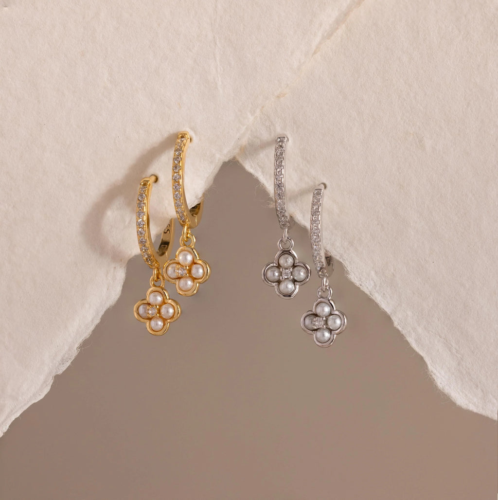 Diamonds Pave Rounded Pearl Flower Hoops Silver 18K Gold Plated