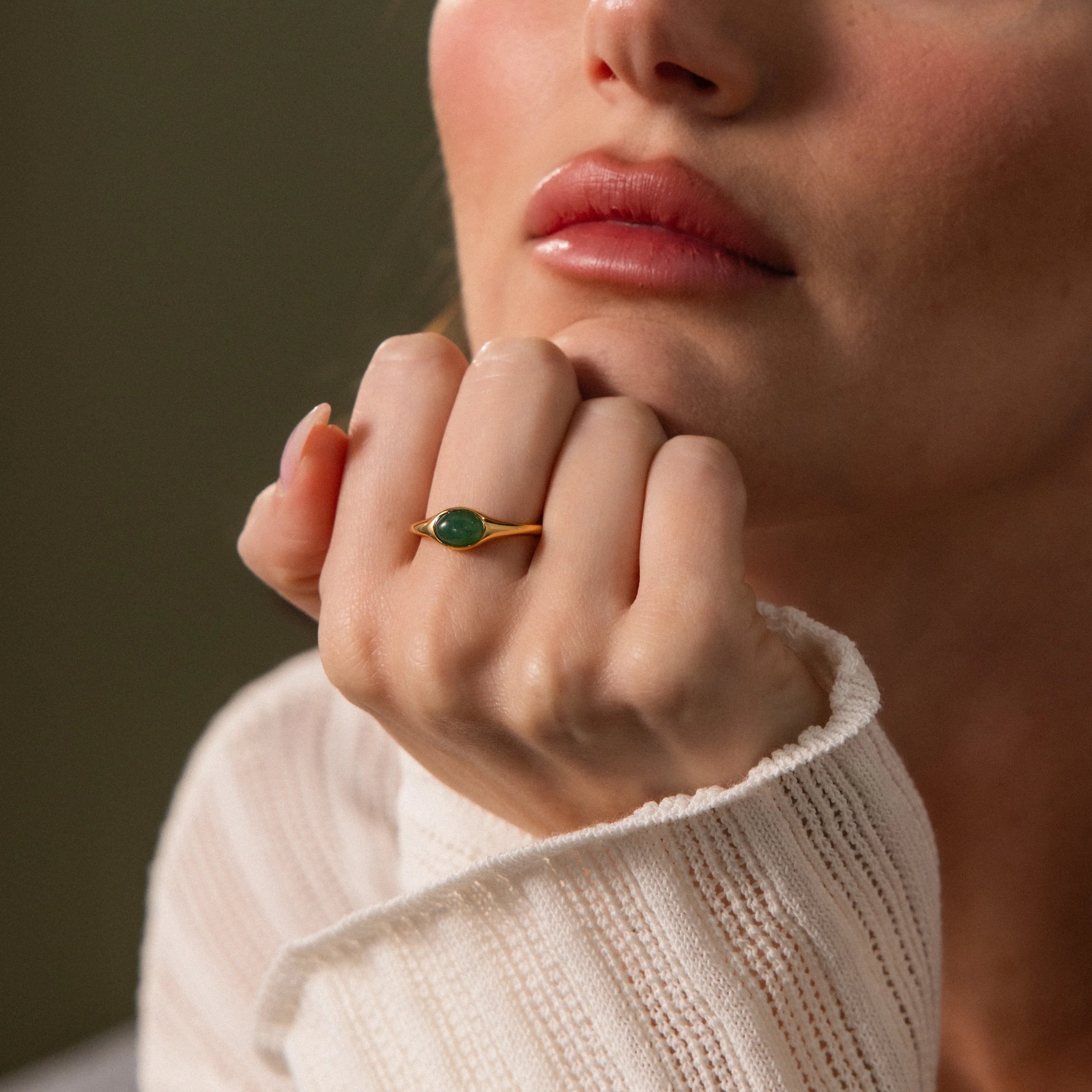 Oval Cut Jade Signet Ring Silver 18K Gold Plated