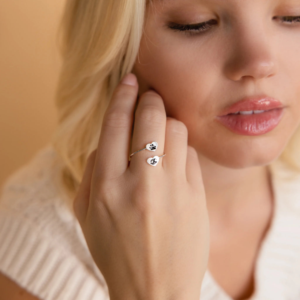 Paw Print Duo Heart Ring Silver 18K Gold Plated