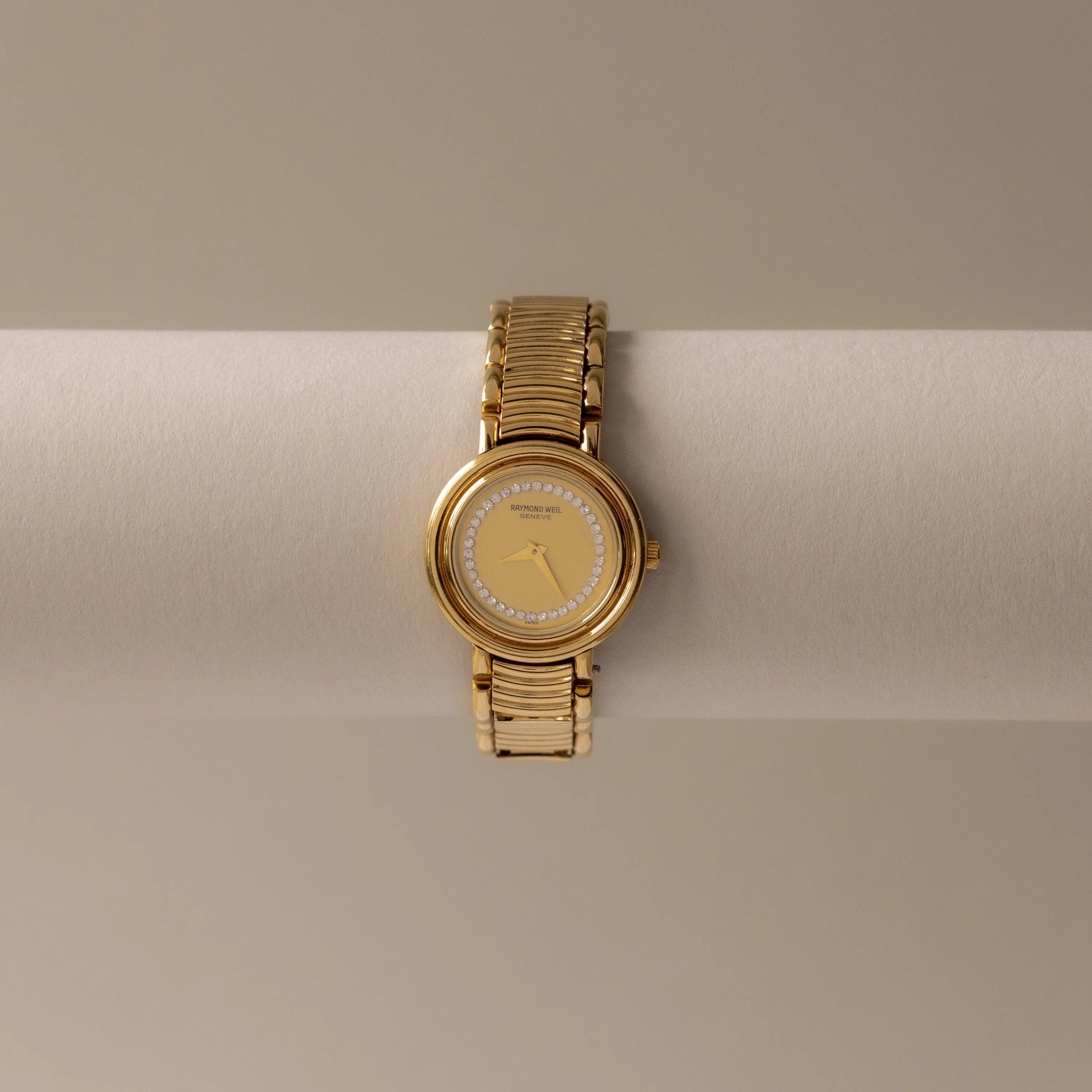Vintage Raymond Weil Swiss Pave Gold Watch Silver 18K Gold Plated