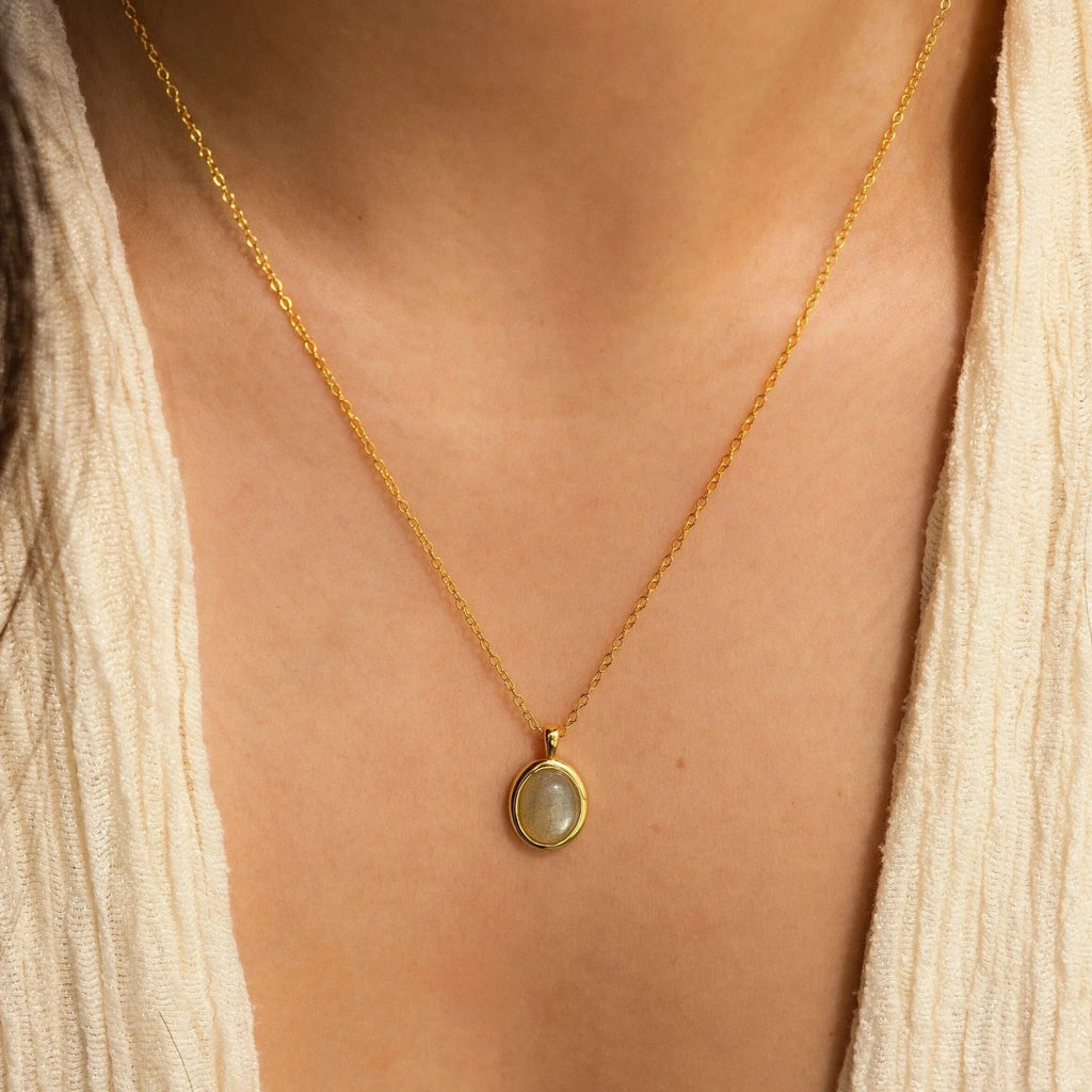 Oval Labradorite Pendant Necklace Silver 18K Gold Plated