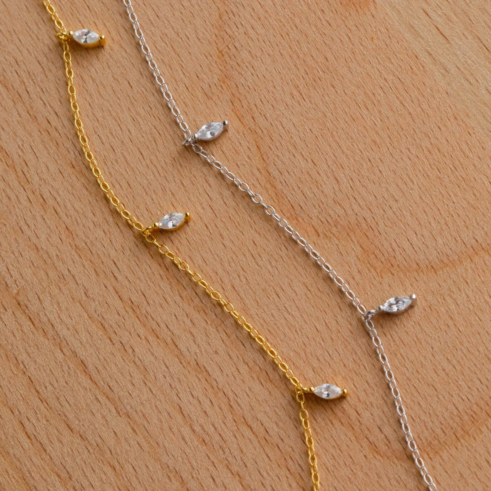 Marquise Station Necklace Silver 18K Gold Plated
