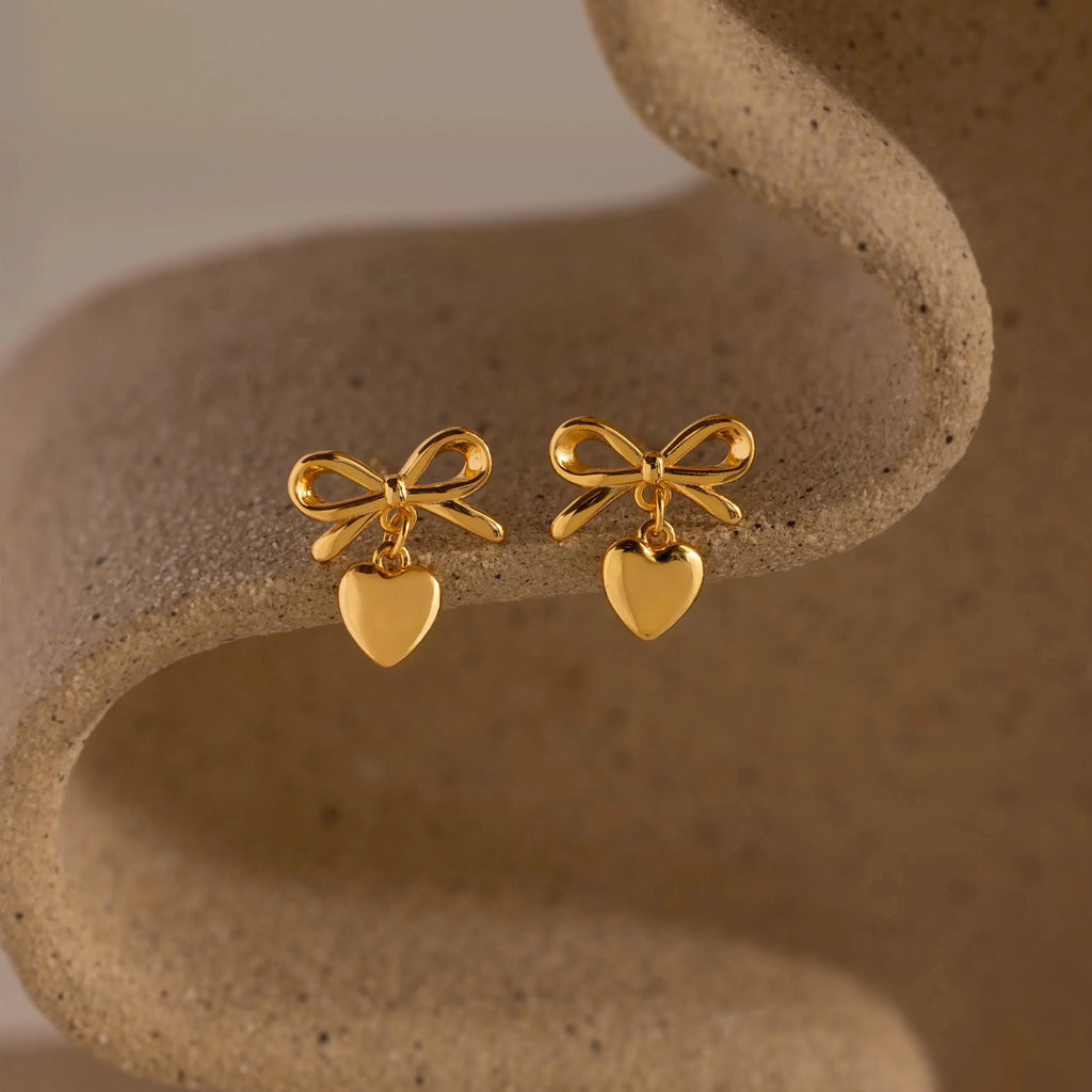 Bow Heart Studs Silver 18K Gold Plated