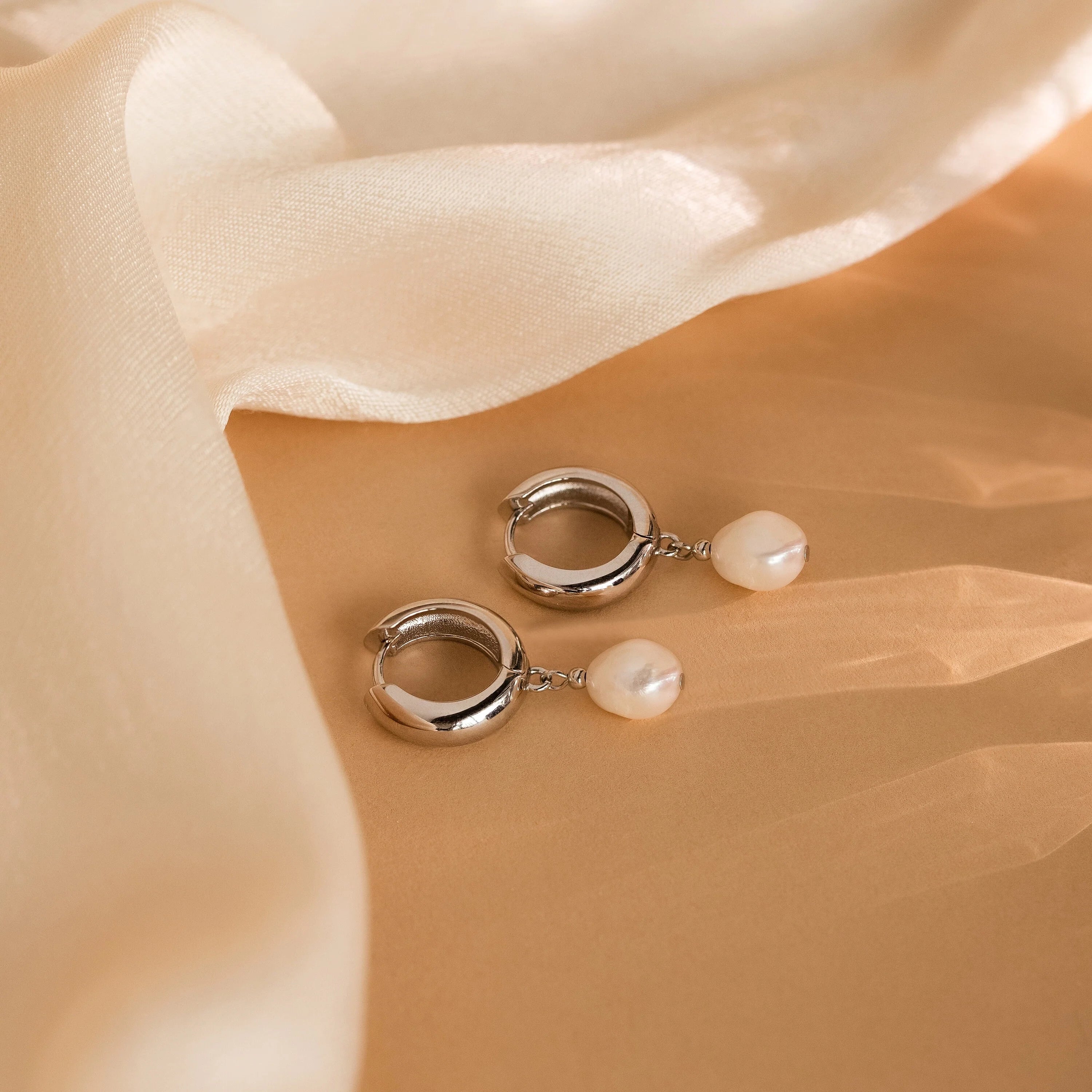 Pearl Drop Hoops Silver 18K Gold Plated