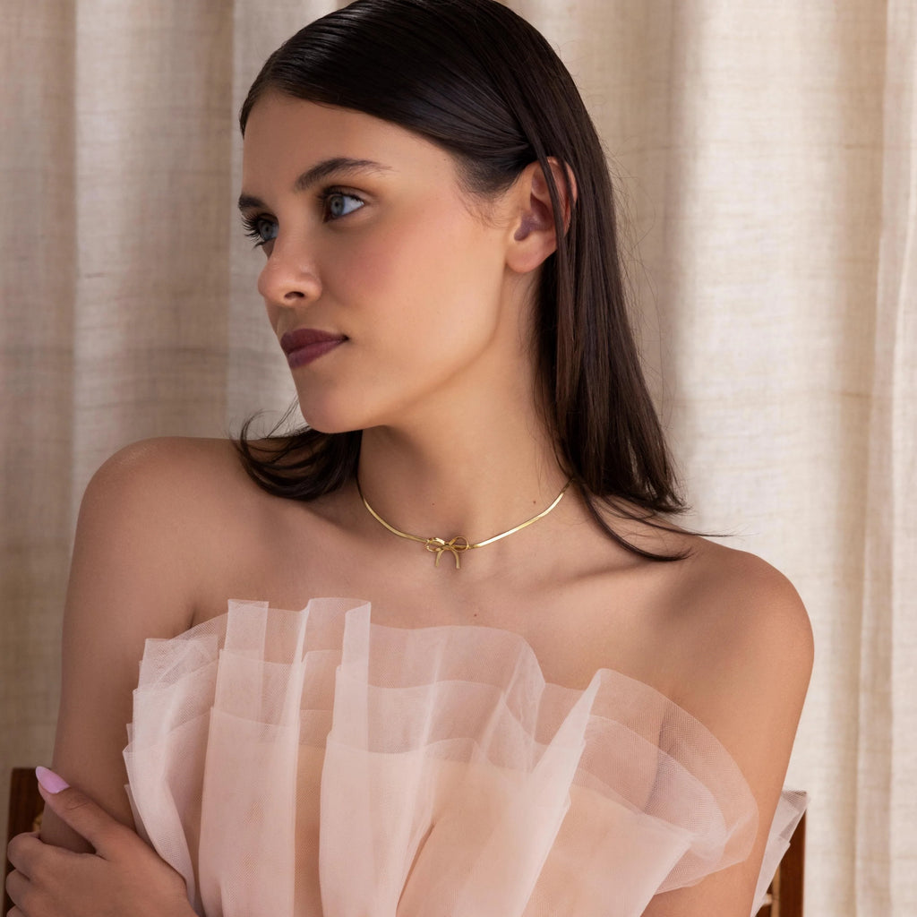 Herringbone Bow Necklace Silver 18K Gold Plated