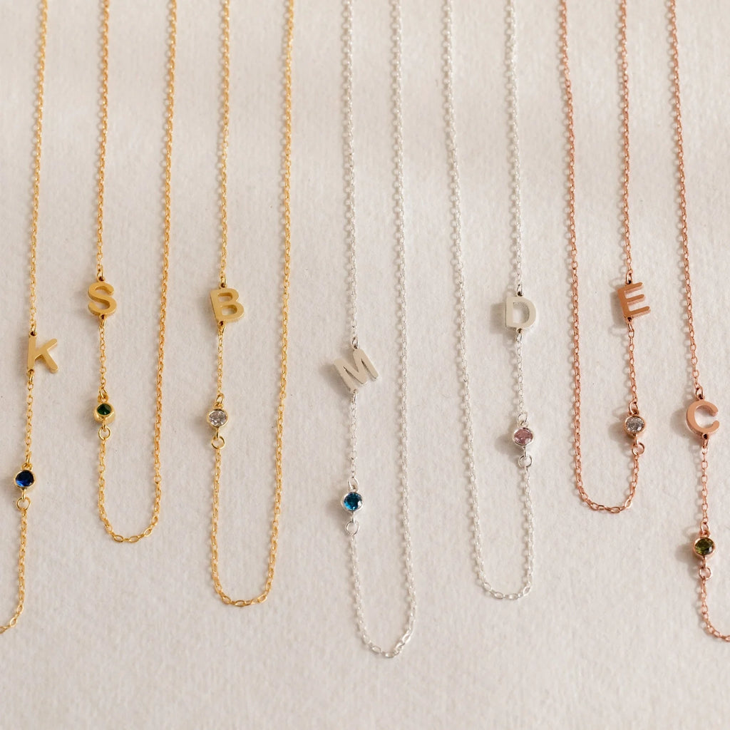Sideways Initial Birthstone Necklace Silver 18K Gold Plated