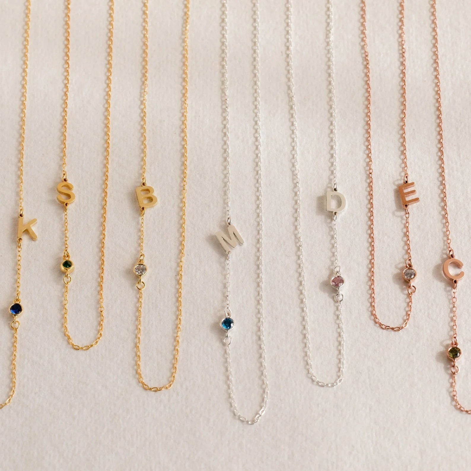 Sideways Initial Birthstone Necklace Silver 18K Gold Plated