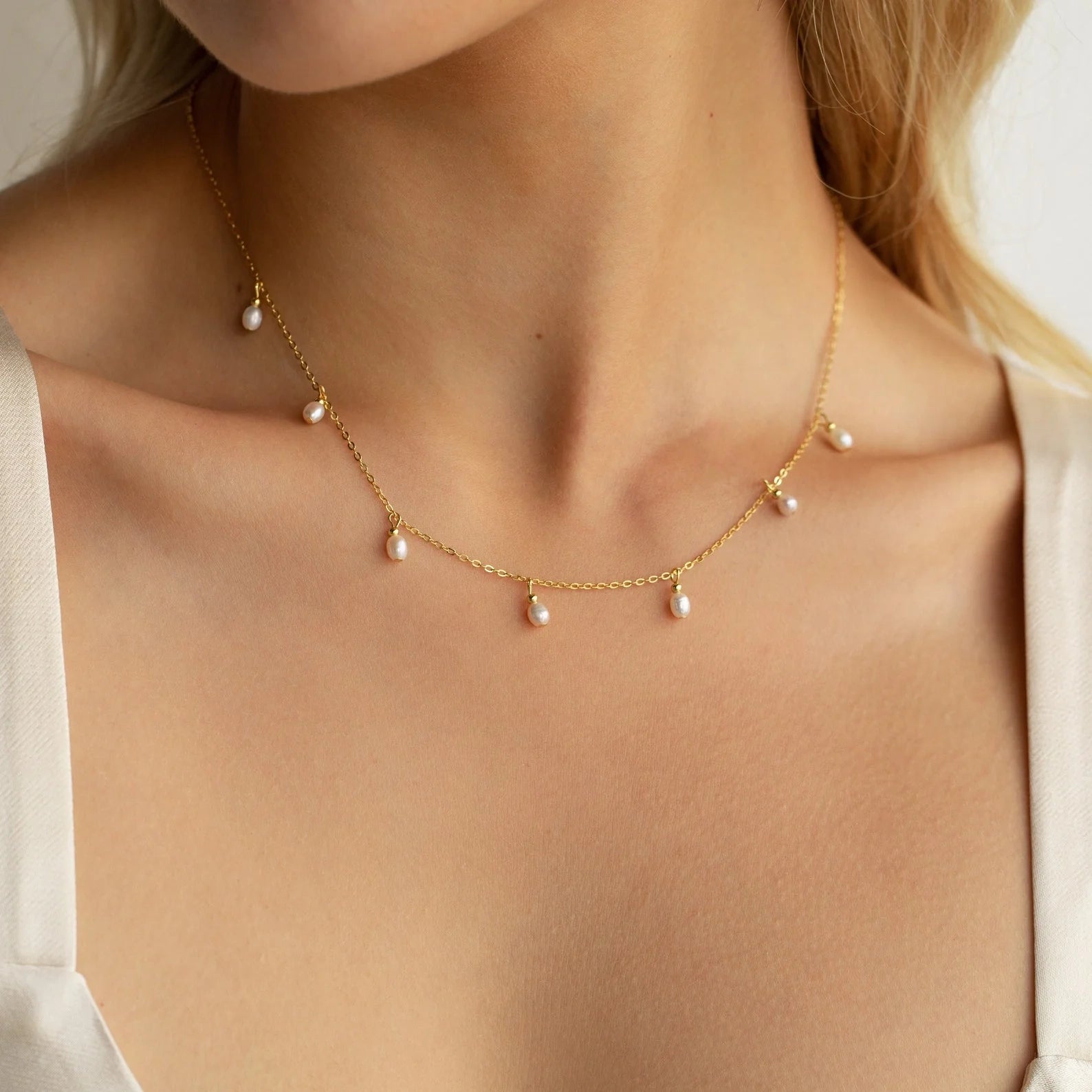 Pearl Station Necklace Silver 18K Gold Plated