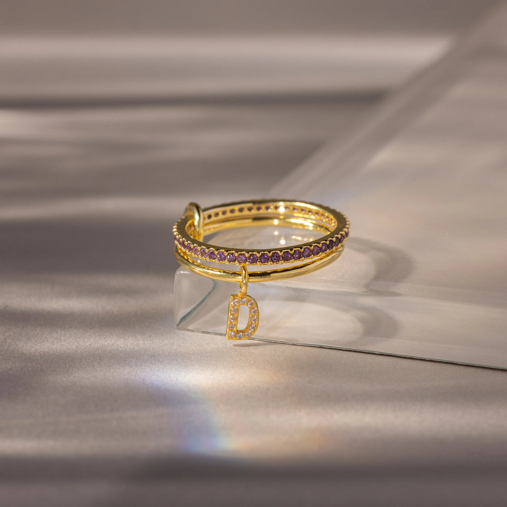 Linked Initial Amethyst Ring Set Silver 18K Gold Plated