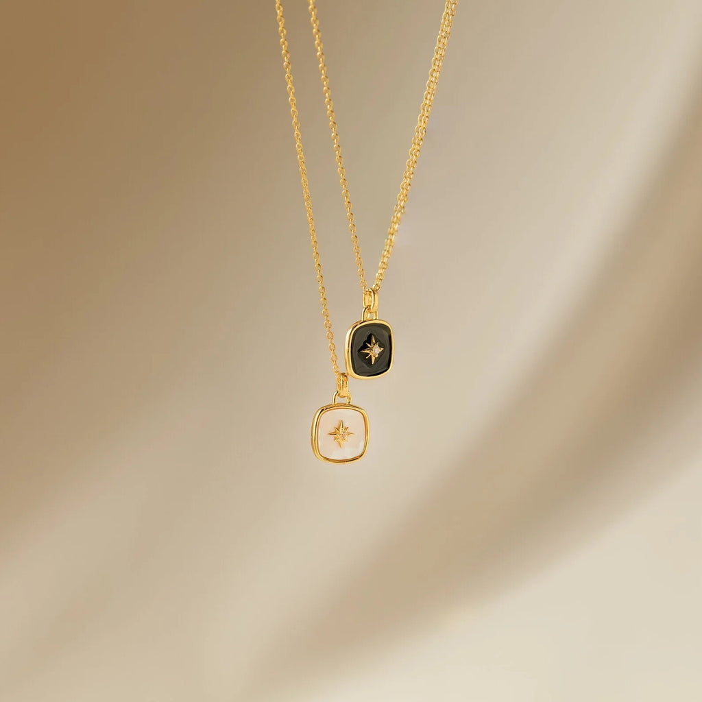Hermoine Black Enamel Pendant Necklace Silver 18K Gold Plated