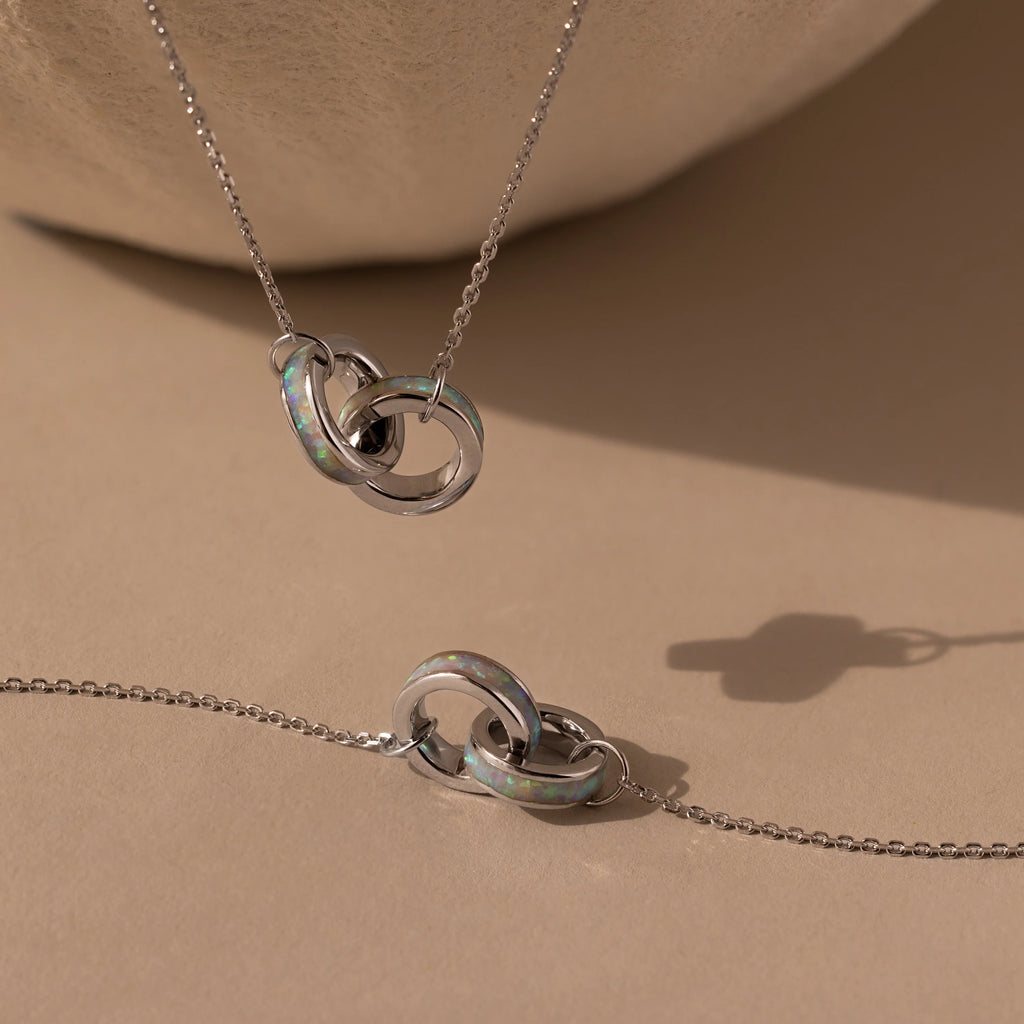 Interlocking Opal Inlay Necklace and Bracelet Set Silver 18K Gold Plated