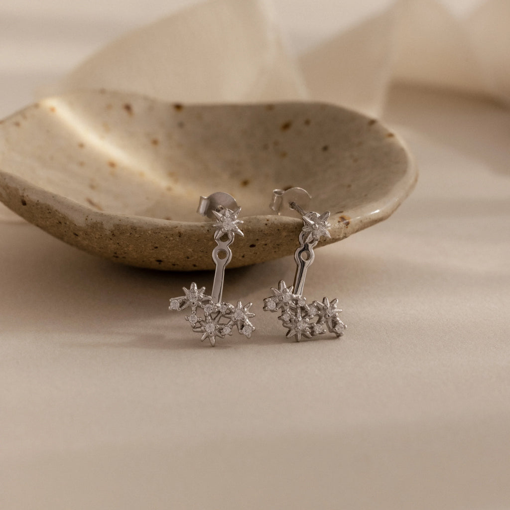 Diamond Starburst Cluster Ear Jackets Silver 18K Gold Plated