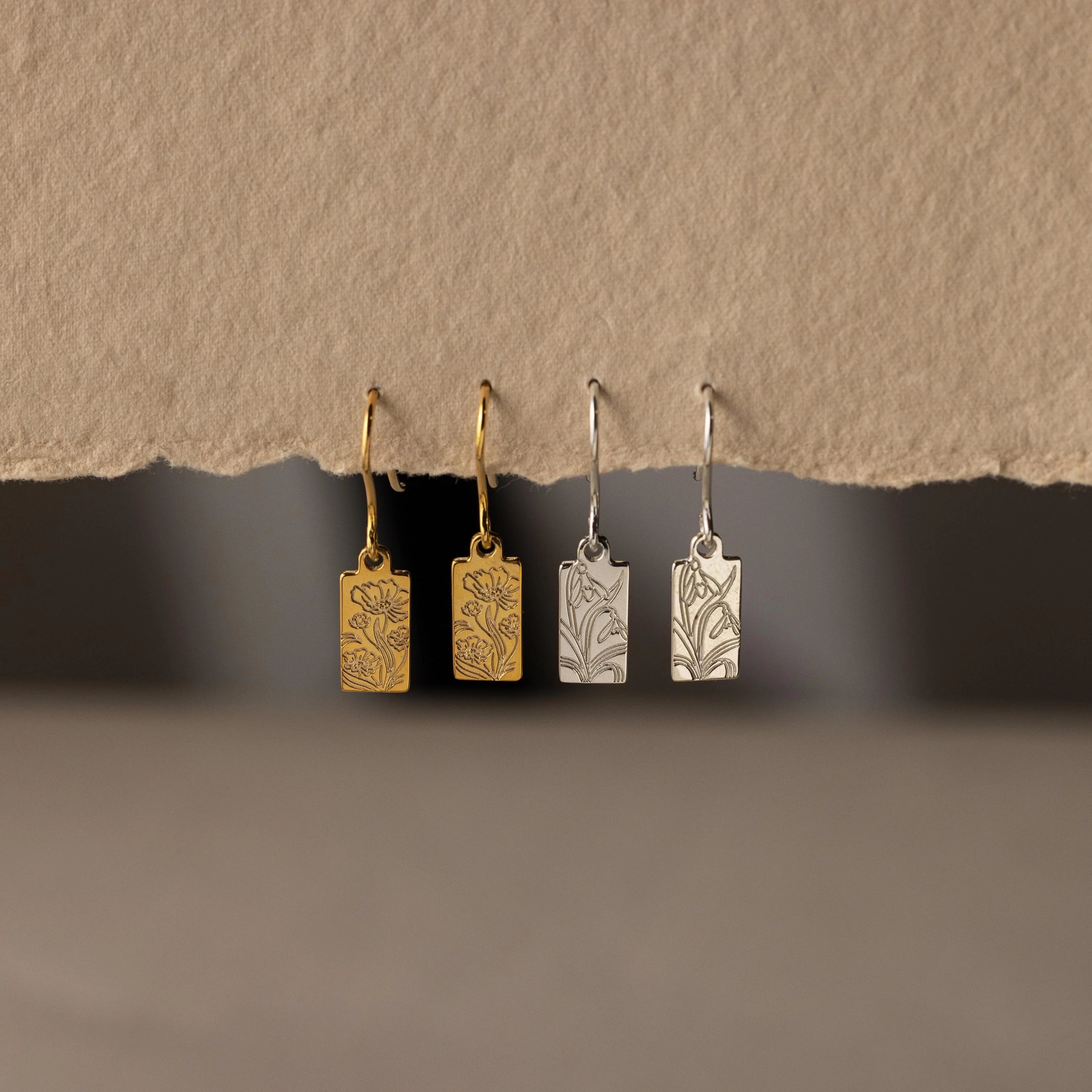 Rectangle Birth Flower Earrings Silver 18K Gold Plated