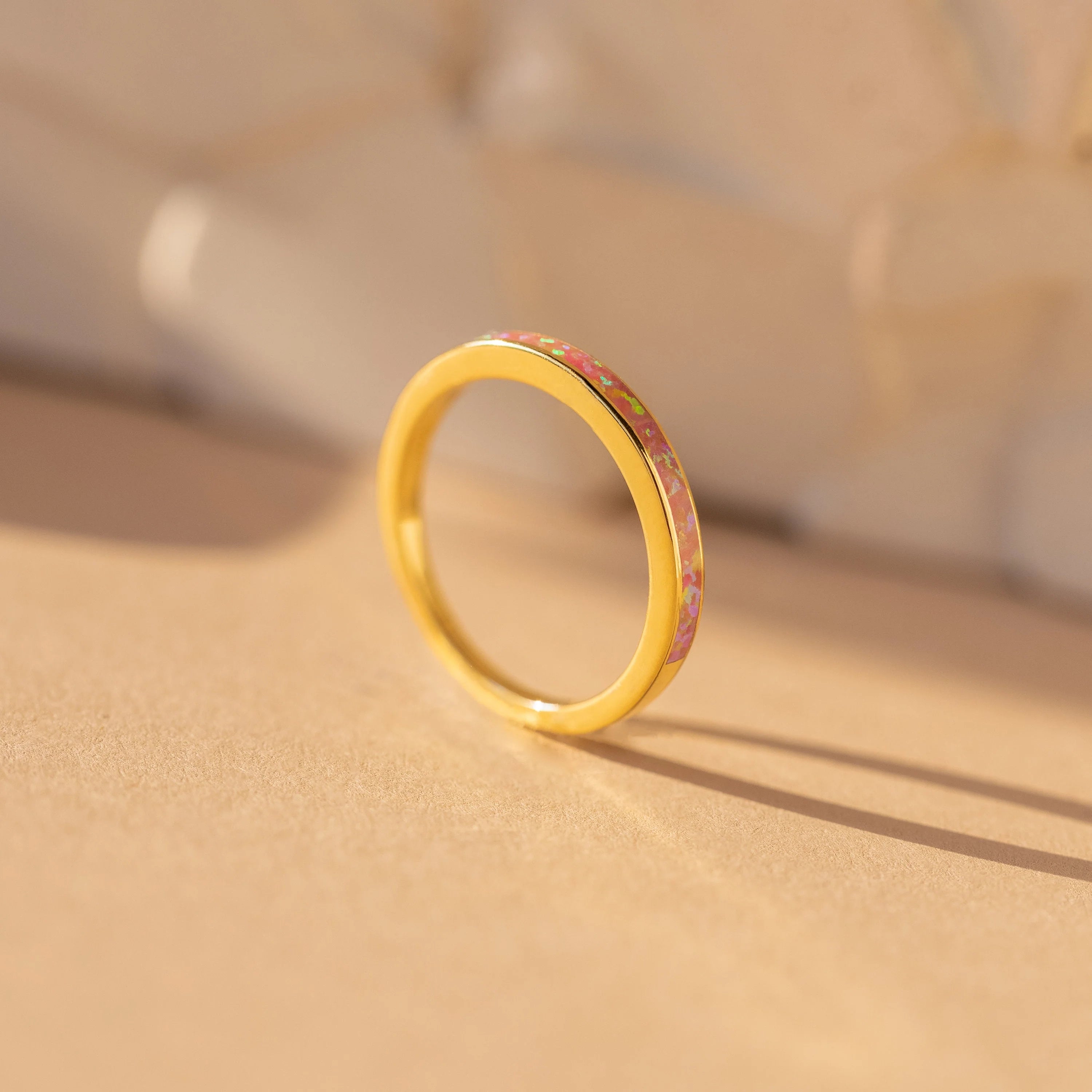 Pink Opal Inlay Band Silver 18K Gold Plated