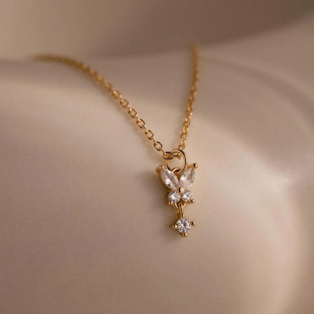 Diamond Butterfly Necklace & Earrings Set Silver 18K Gold Plated