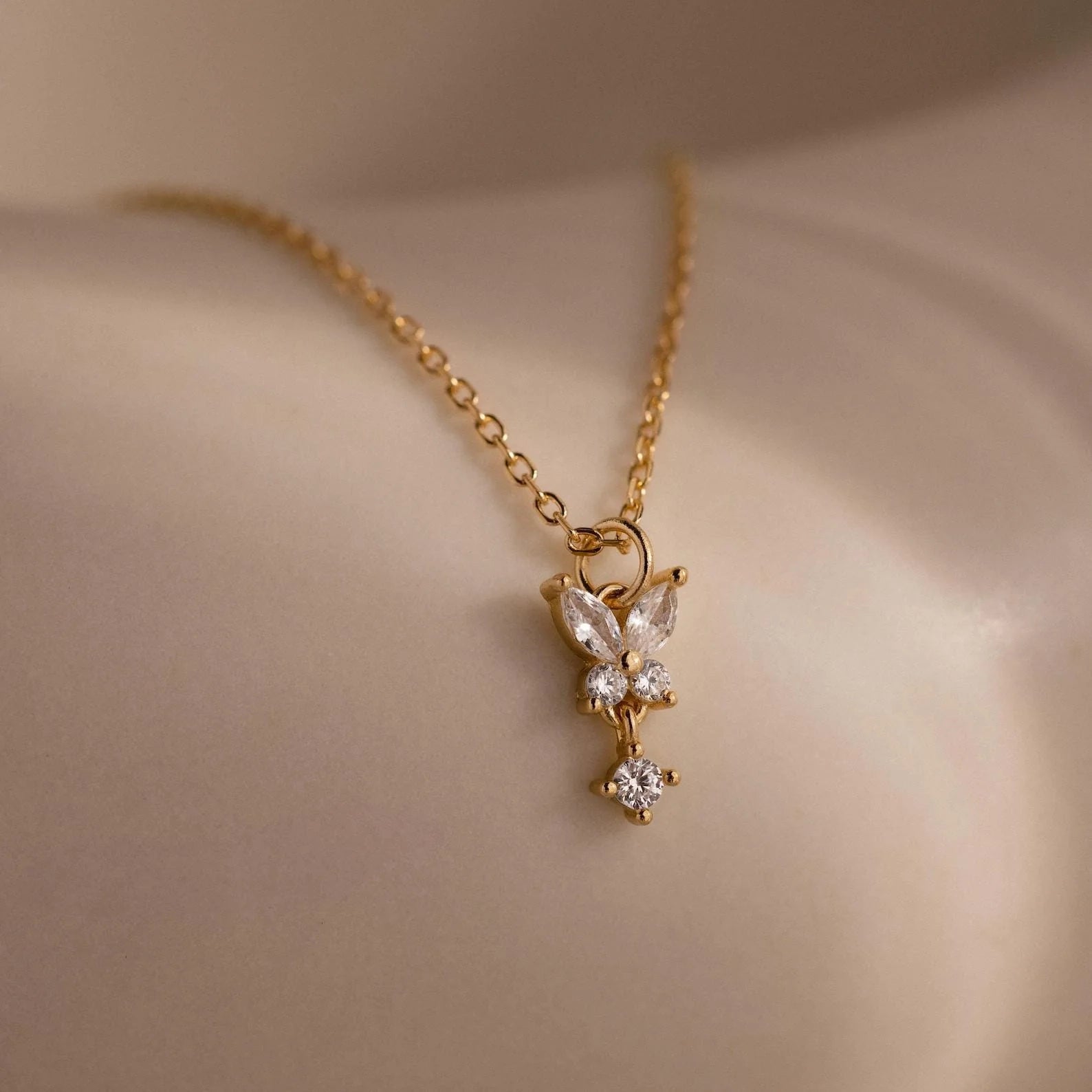 Diamond Butterfly Necklace & Earrings Set Silver 18K Gold Plated