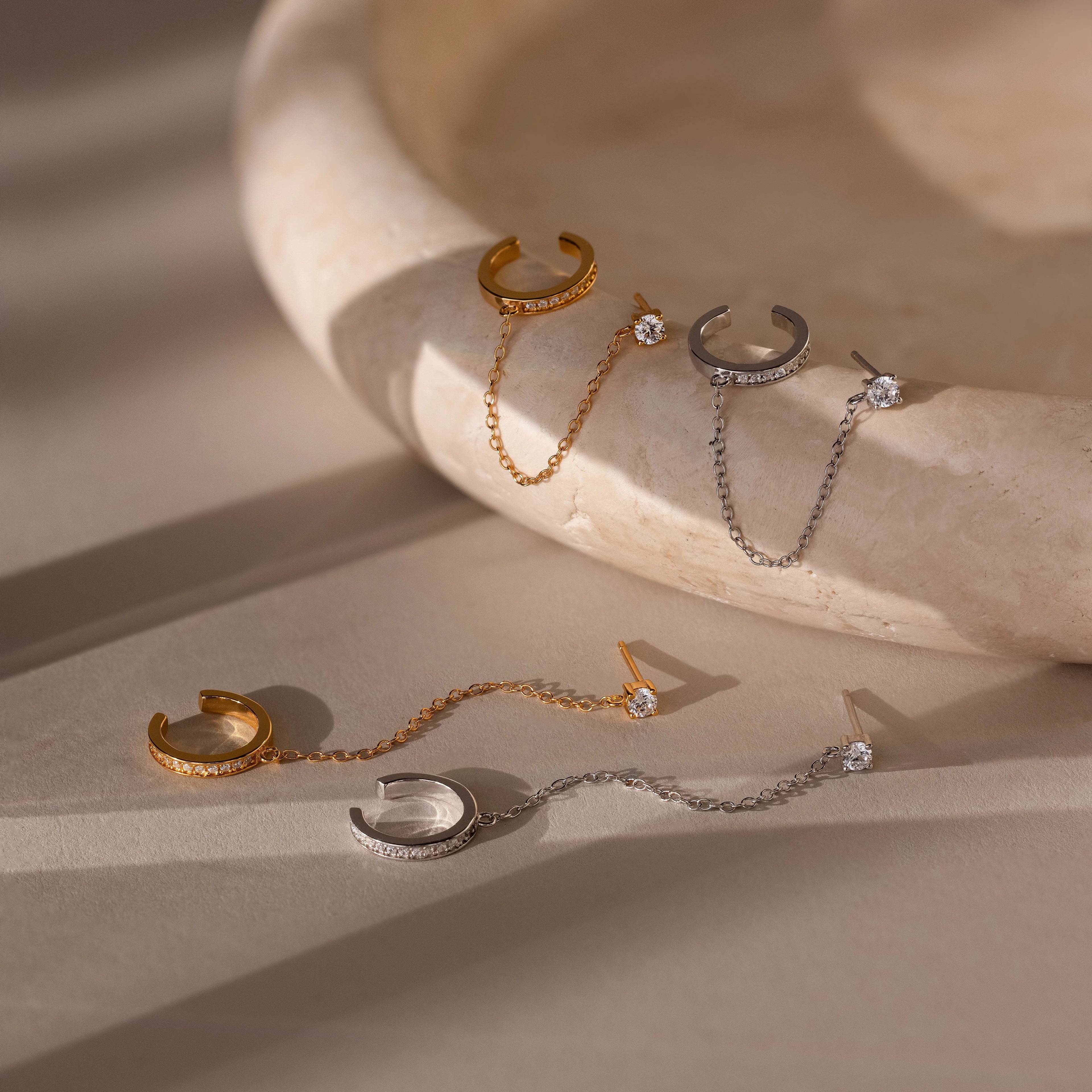 Pave Chain Ear Cuffs Silver 18K Gold Plated