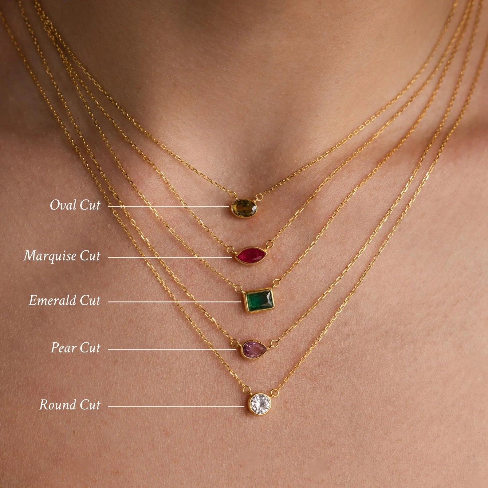 Custom Cut Birthstone Necklace Silver 18K Gold Plated
