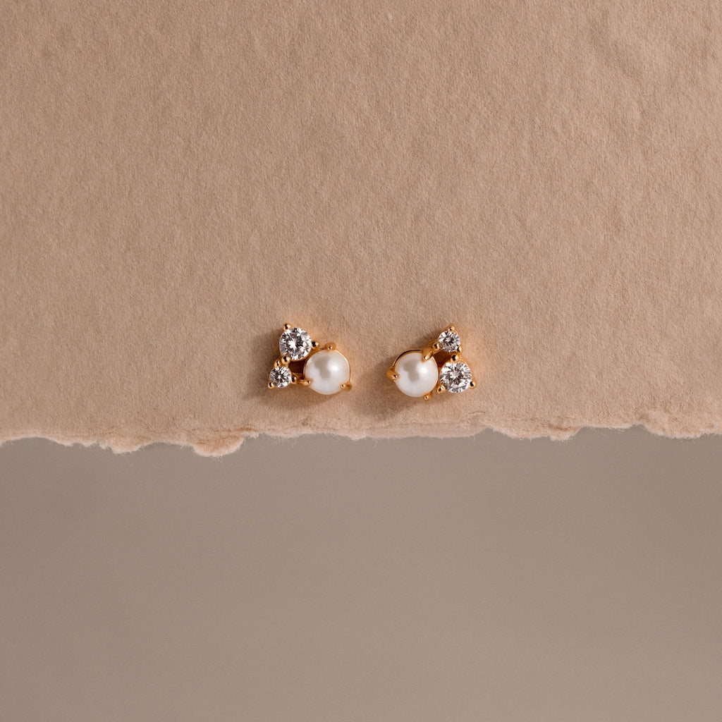 Pearl Diamond Cluster Studs Silver 18K Gold Plated