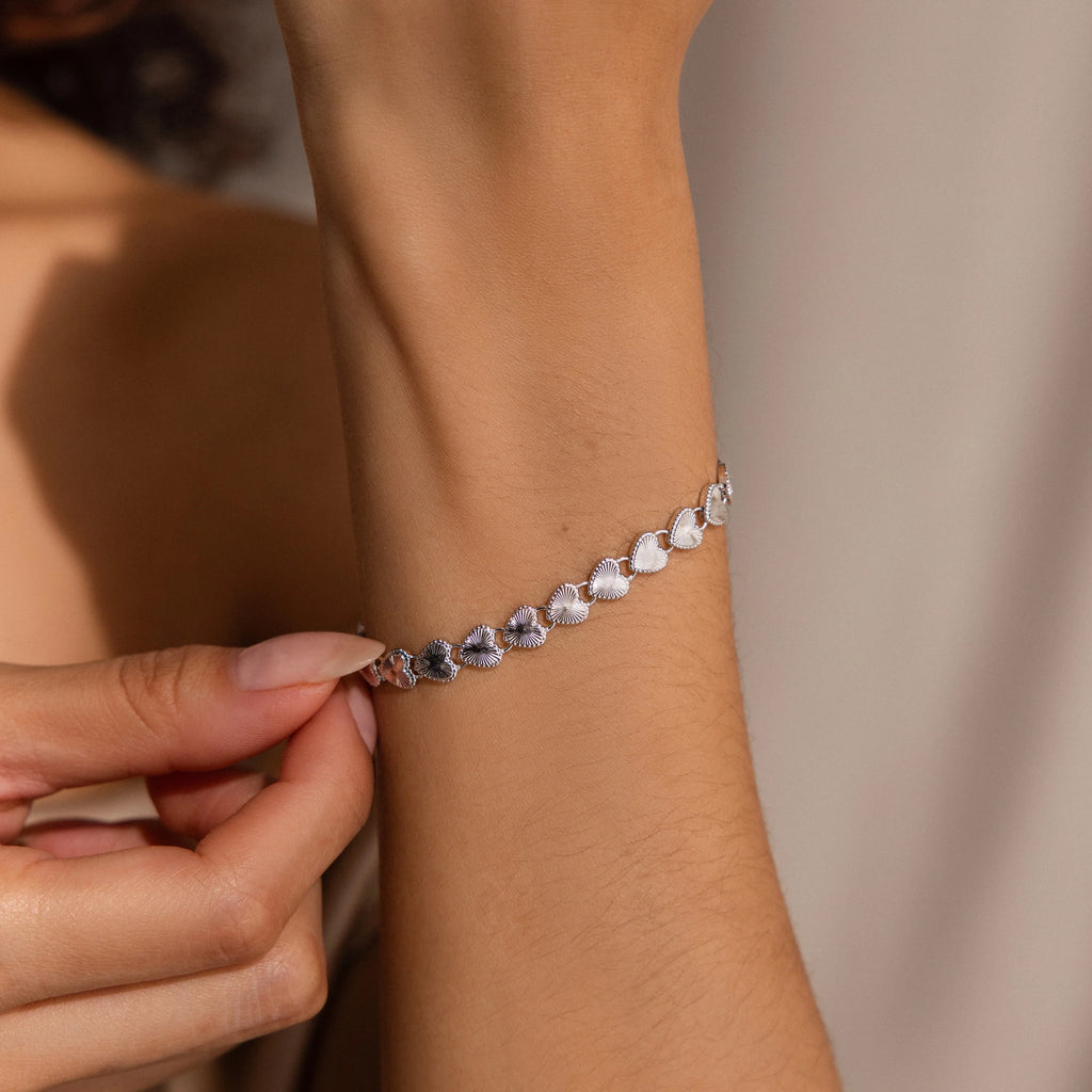 Ribbed Heart Link Bracelet Silver 18K Gold Plated