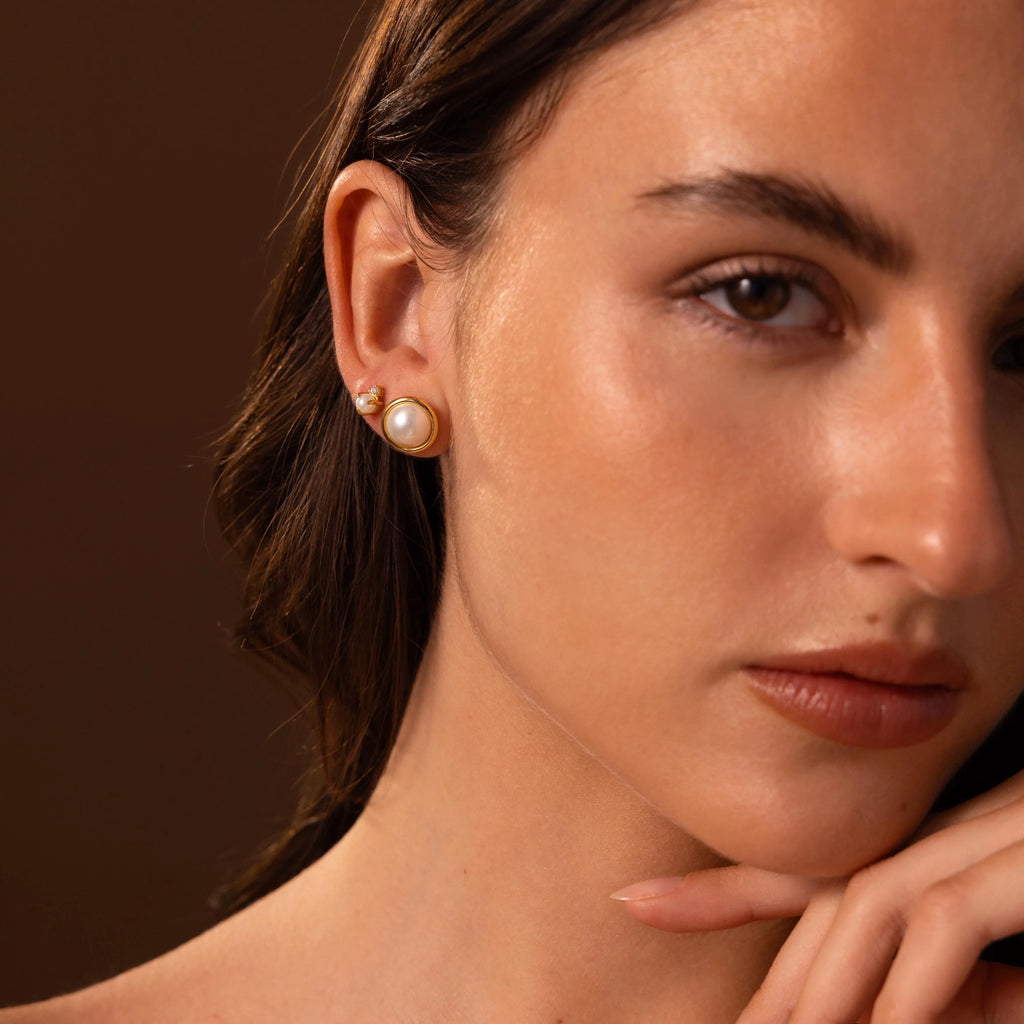 Pearl Bezel Studs Silver 18K Gold Plated
