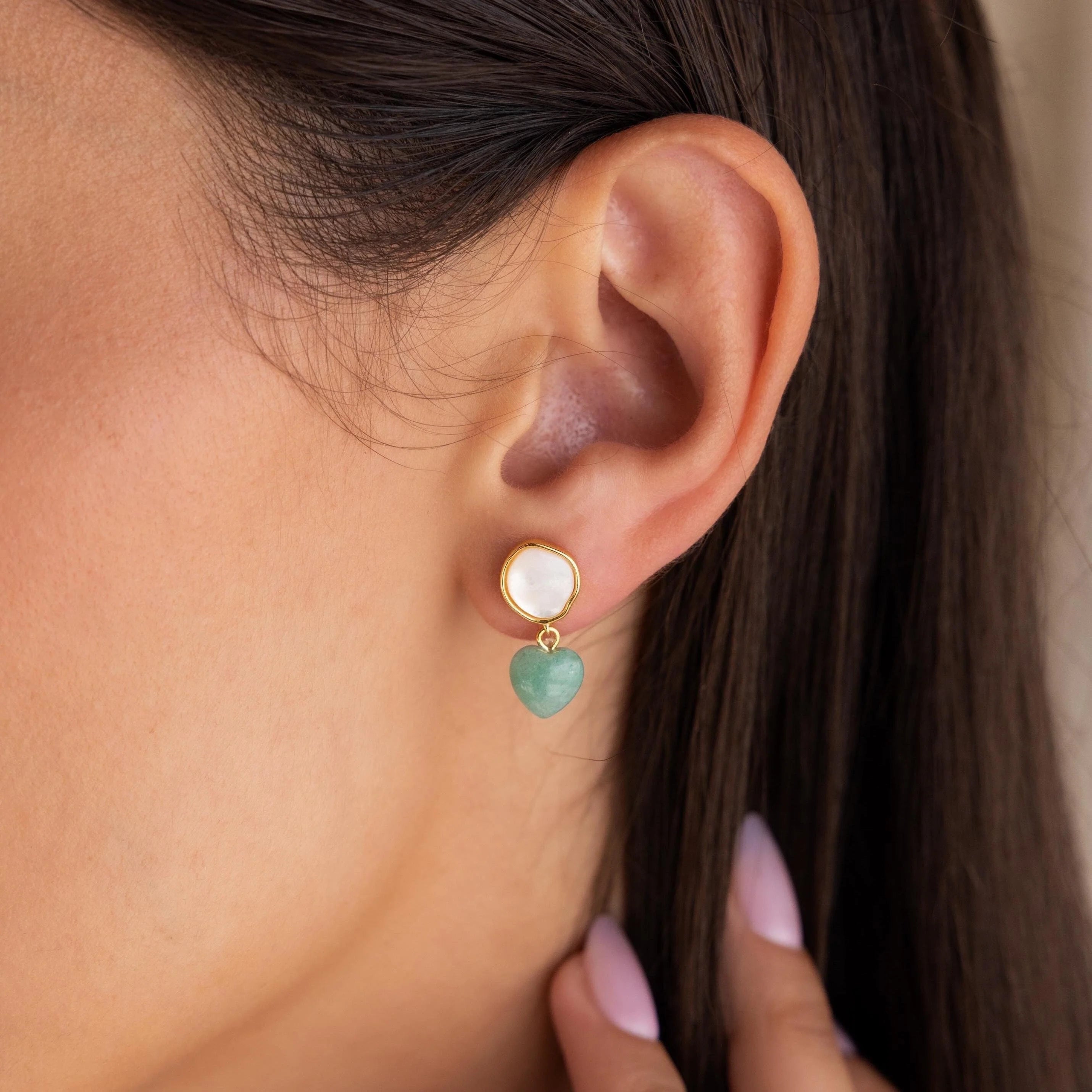 Jade Heart Drop Earrings Silver 18K Gold Plated
