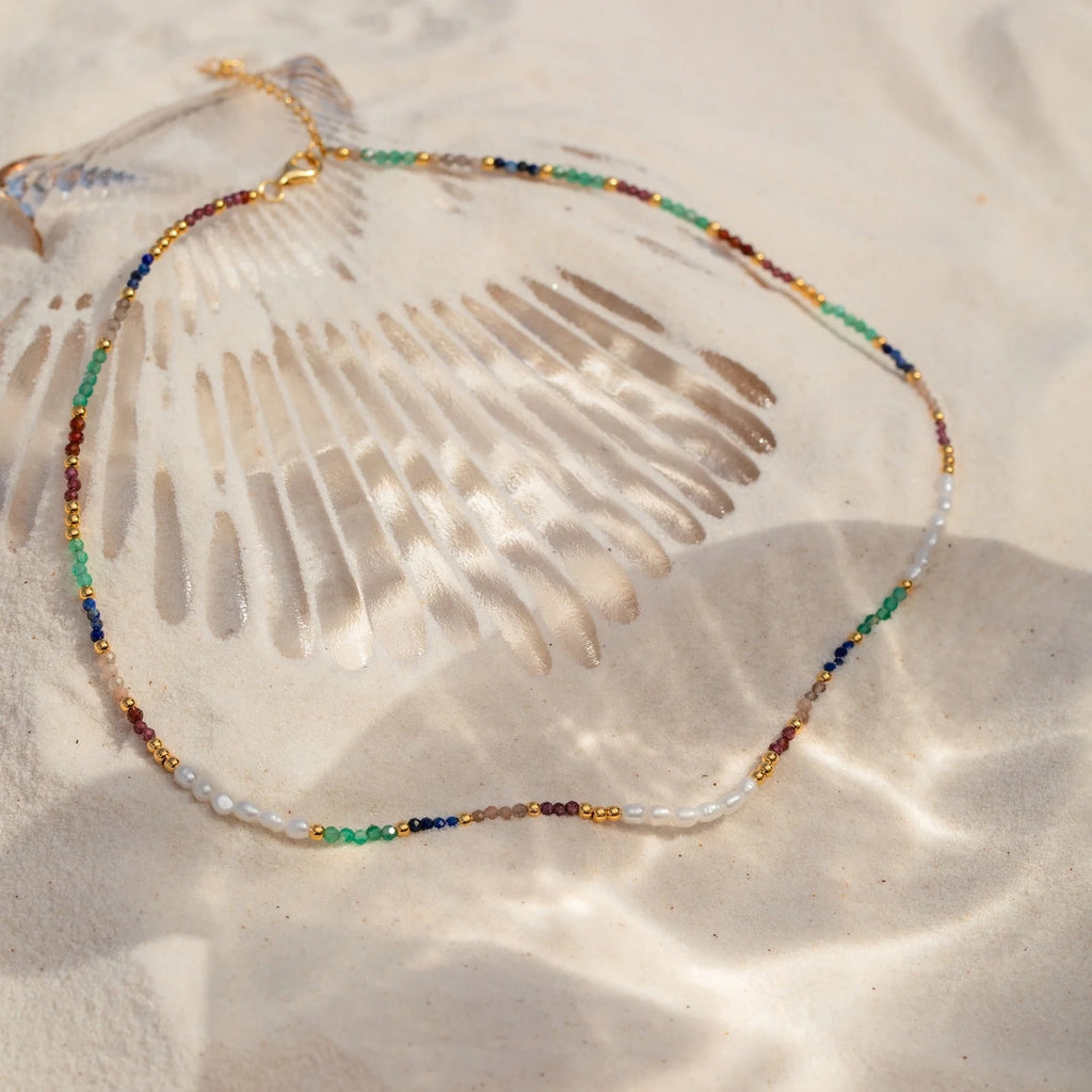 Rainbow Beaded Necklace Silver 18K Gold Plated
