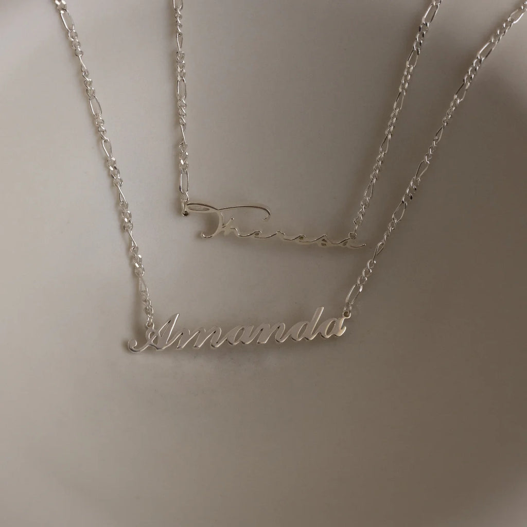 Figaro Chain Name Necklace Silver 18K Gold Plated